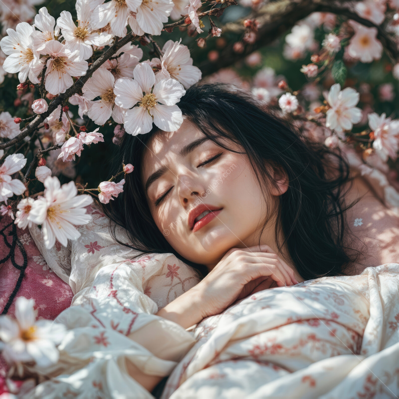 Dreaming under cherry blossoms in the gentle sunlight of springtime, a moment of serene beauty captured