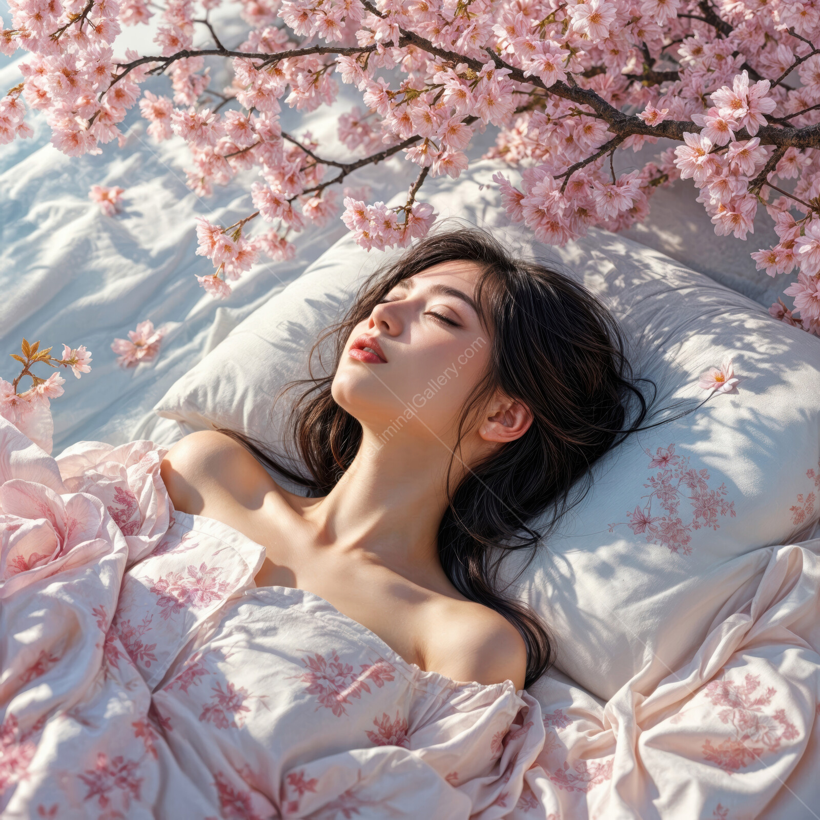 Dreamy moment under cherry blossoms with soft petals and gentle sunlight illuminating a serene face