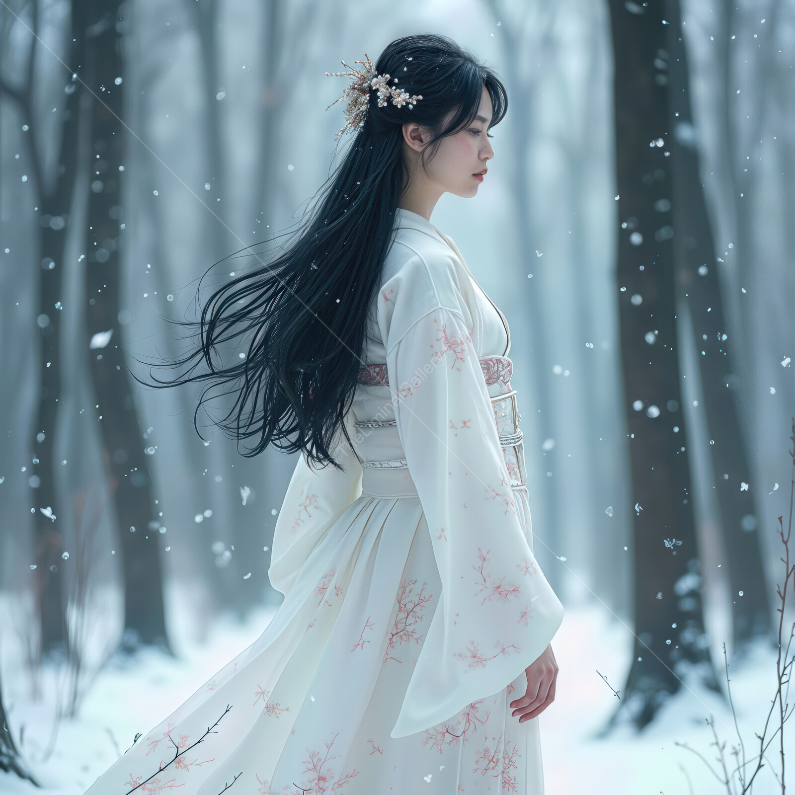 Elegance of a winter forest as a woman in traditional attire embraces the snow