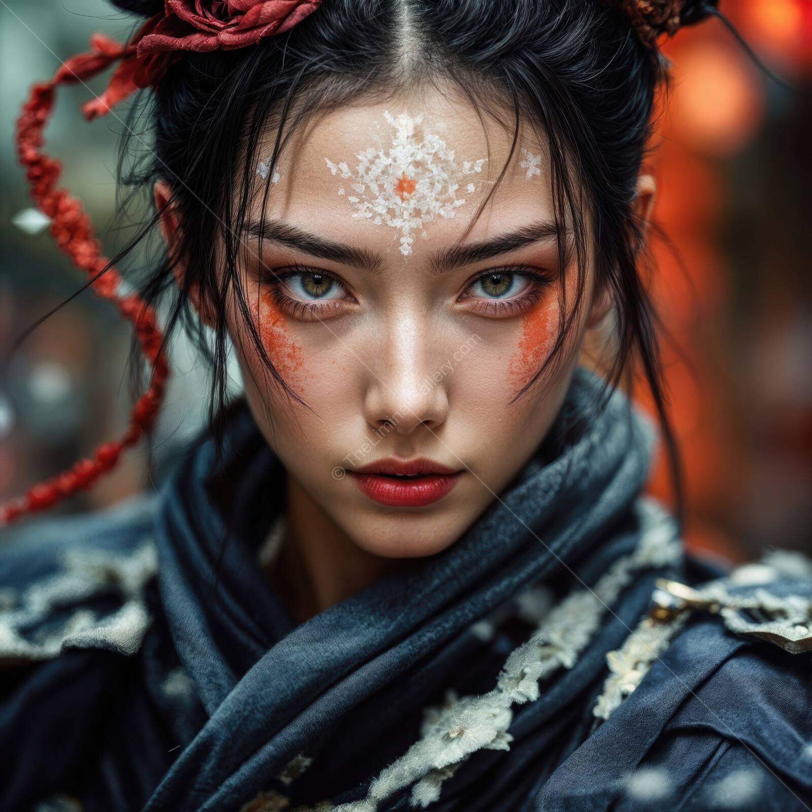 Elegant Asian warrior adorned with intricate makeup and striking attire in an enchanting ancient setting