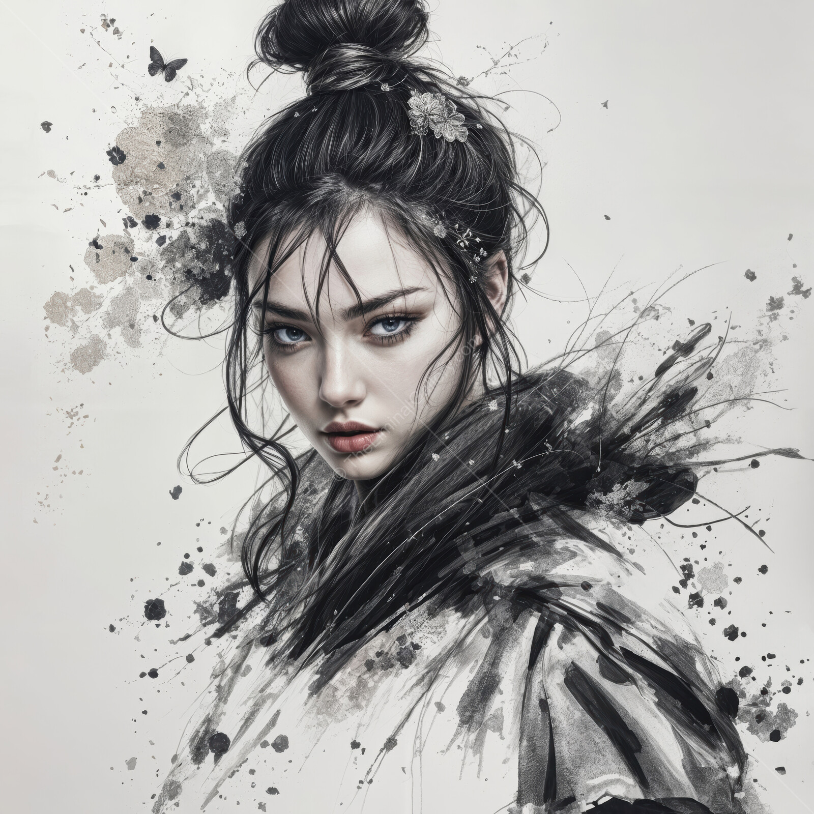 Elegant portrait of a Japanese woman with flowing hair and a striking expression in a dramatic artistic style