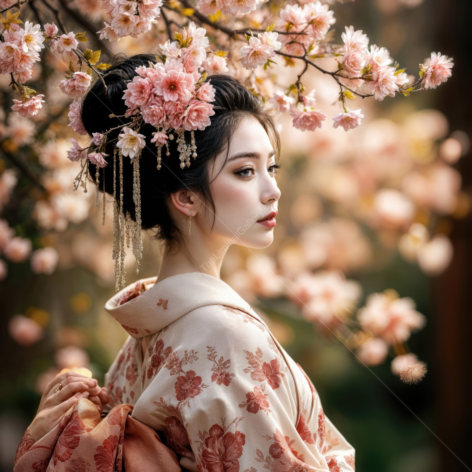 Elegant woman in traditional attire amidst blooming cherry blossoms in soft afternoon light