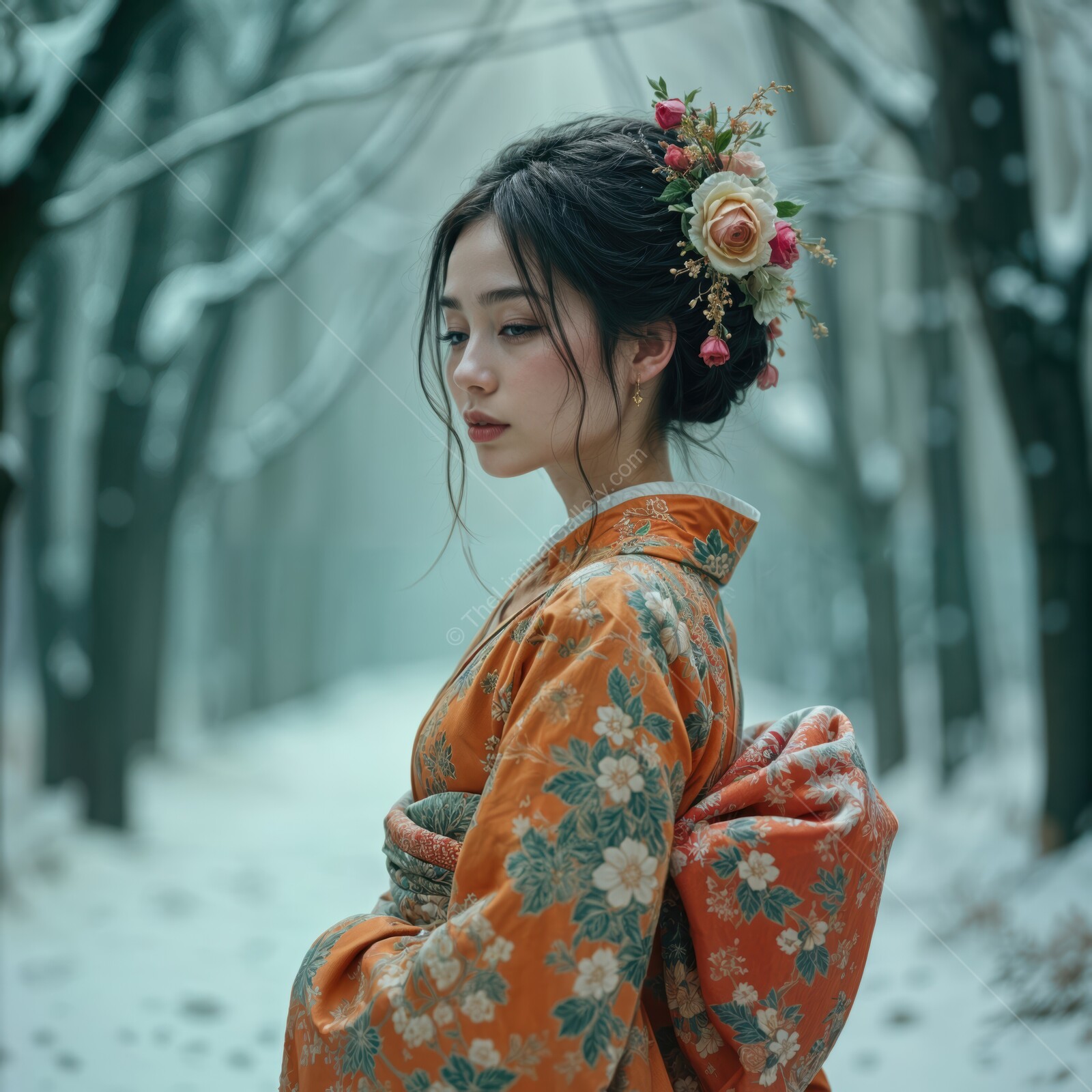 Elegant woman in traditional kimono adorned with flowers walks through a snow-covered forest in winter