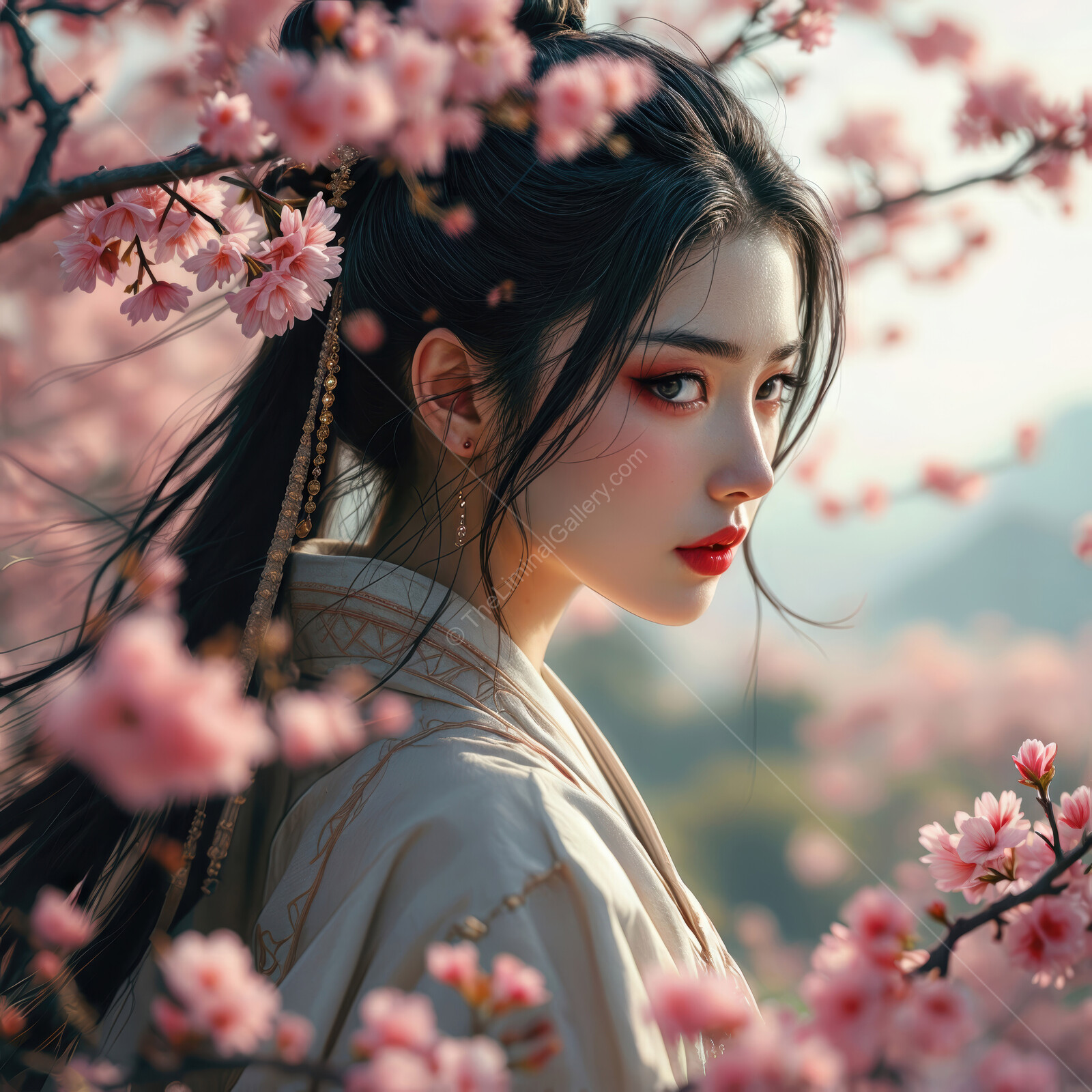 Elegant young woman in traditional attire surrounded by blooming cherry blossoms during springtime in a serene landscape