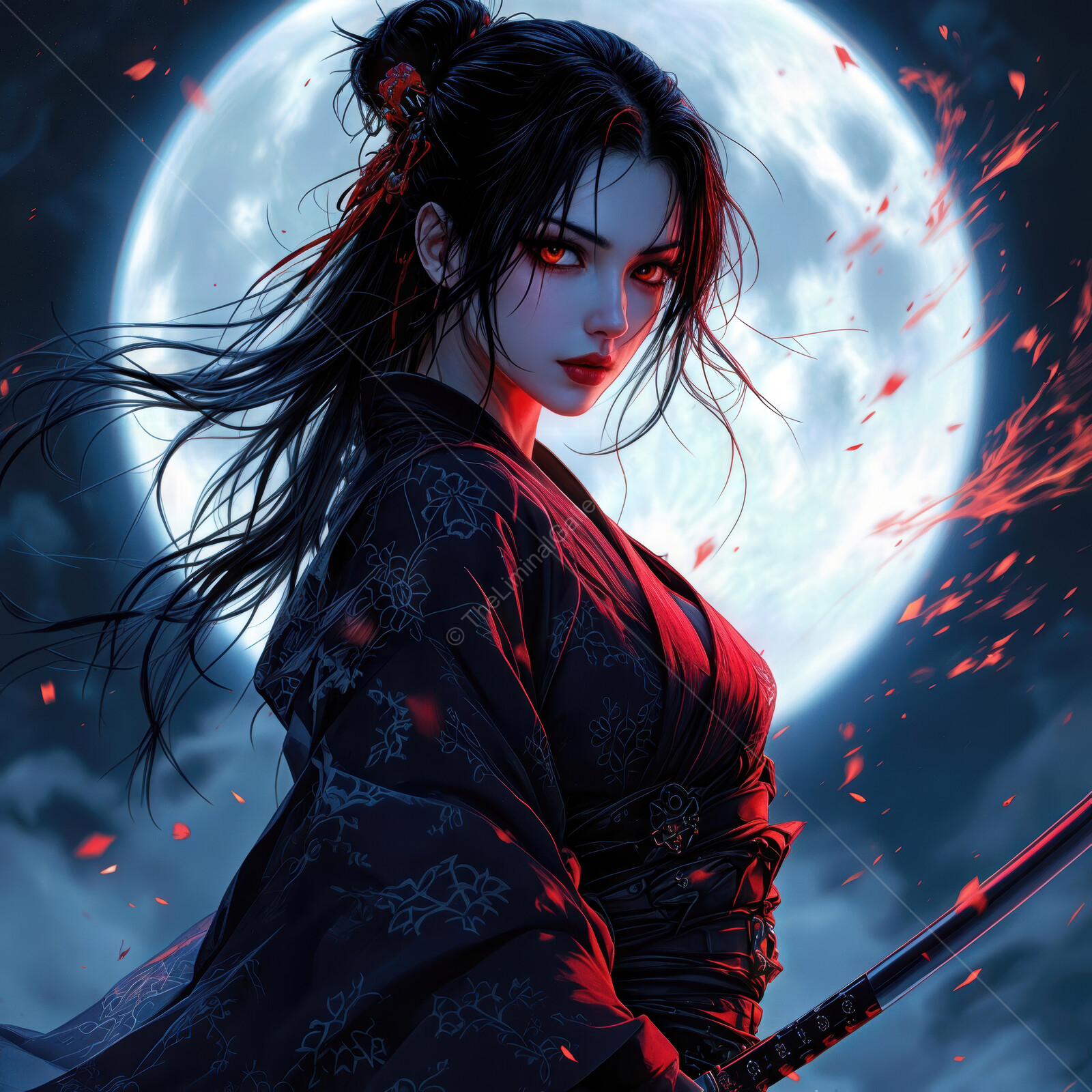 Enchanting warrior stands poised under a full moon, wielding a glimmering sword amidst swirling cherry blossom petals