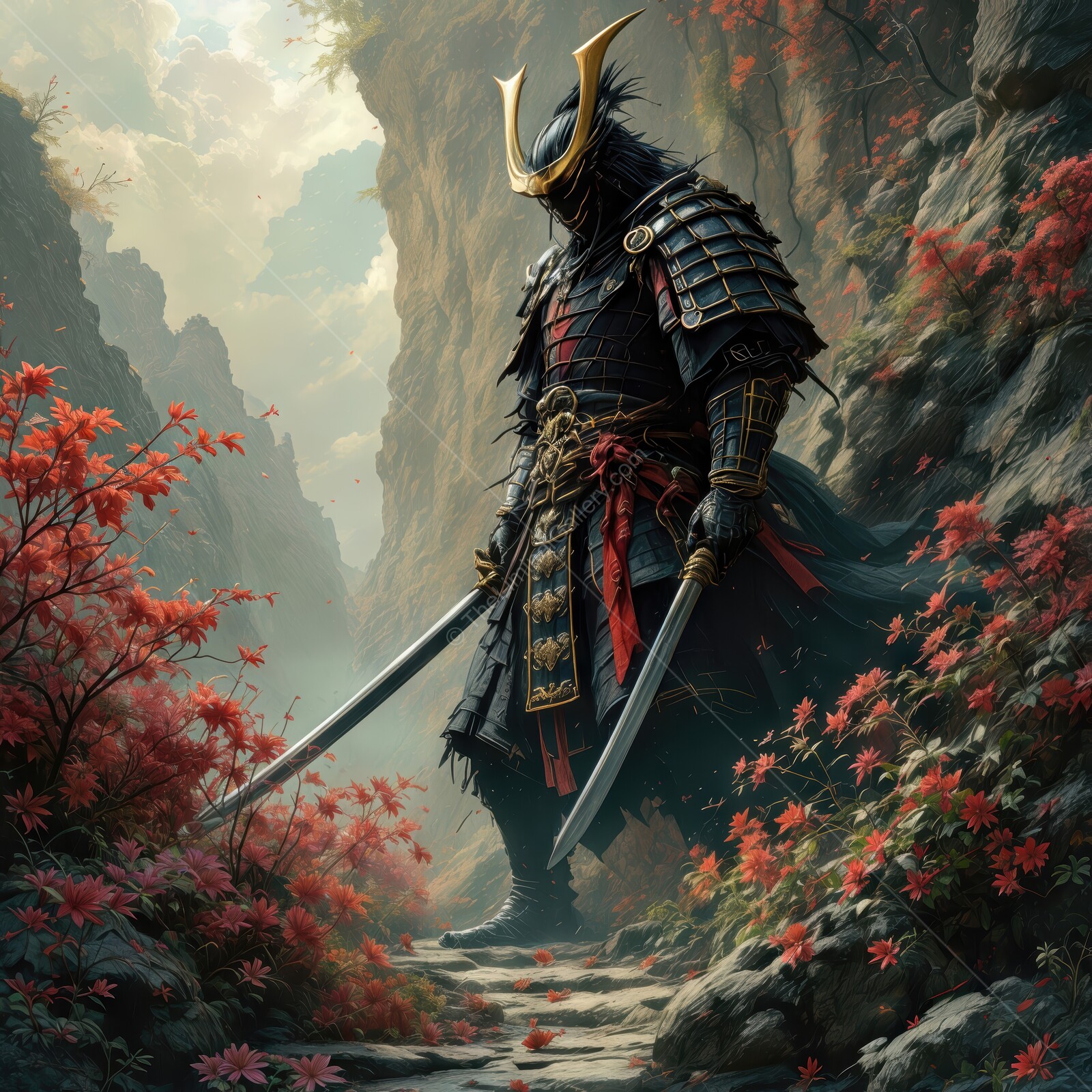Epic warrior in a mountainous valley adorned with autumn leaves and traditional armor