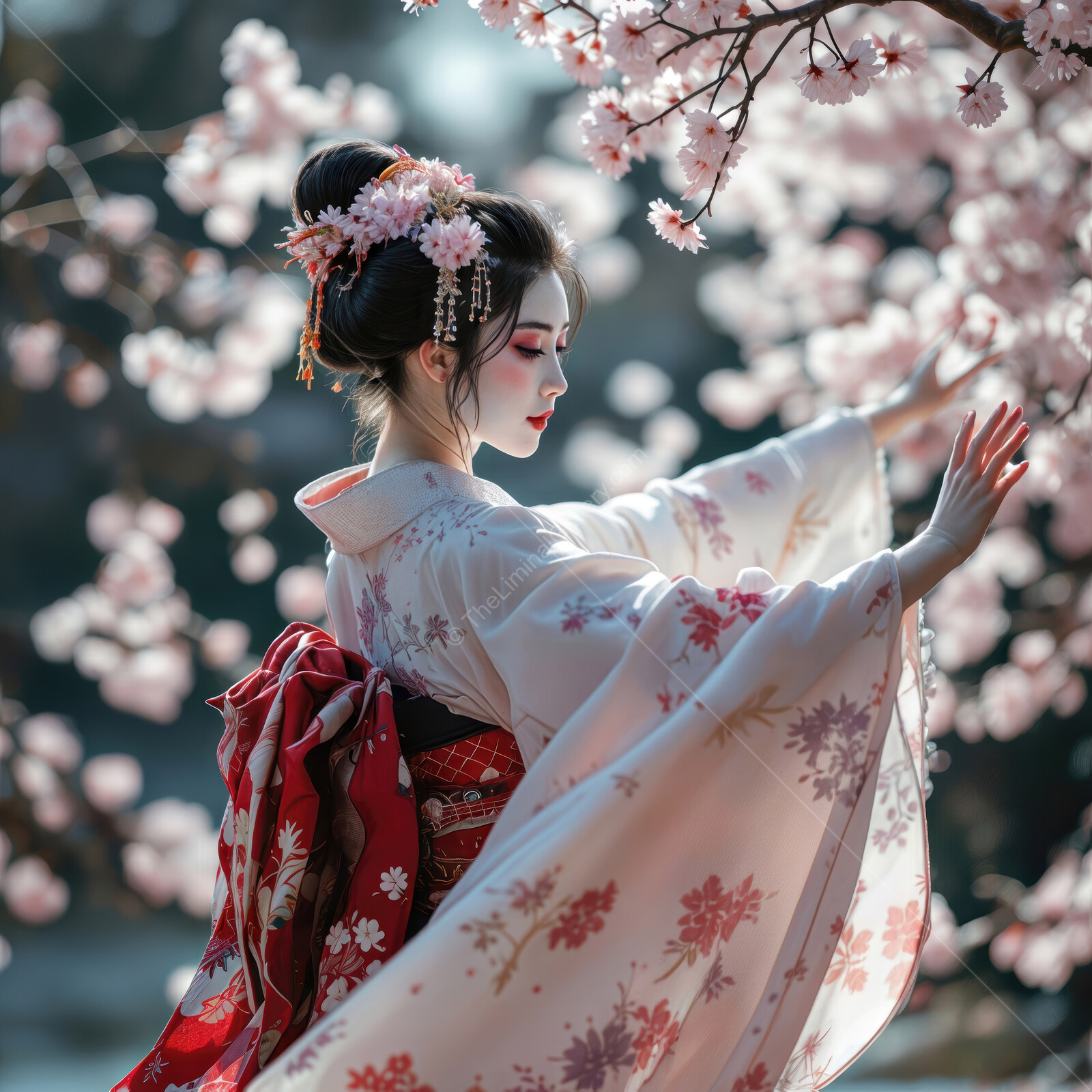 Graceful geisha dancer amidst blooming cherry blossoms in a serene garden during springtime