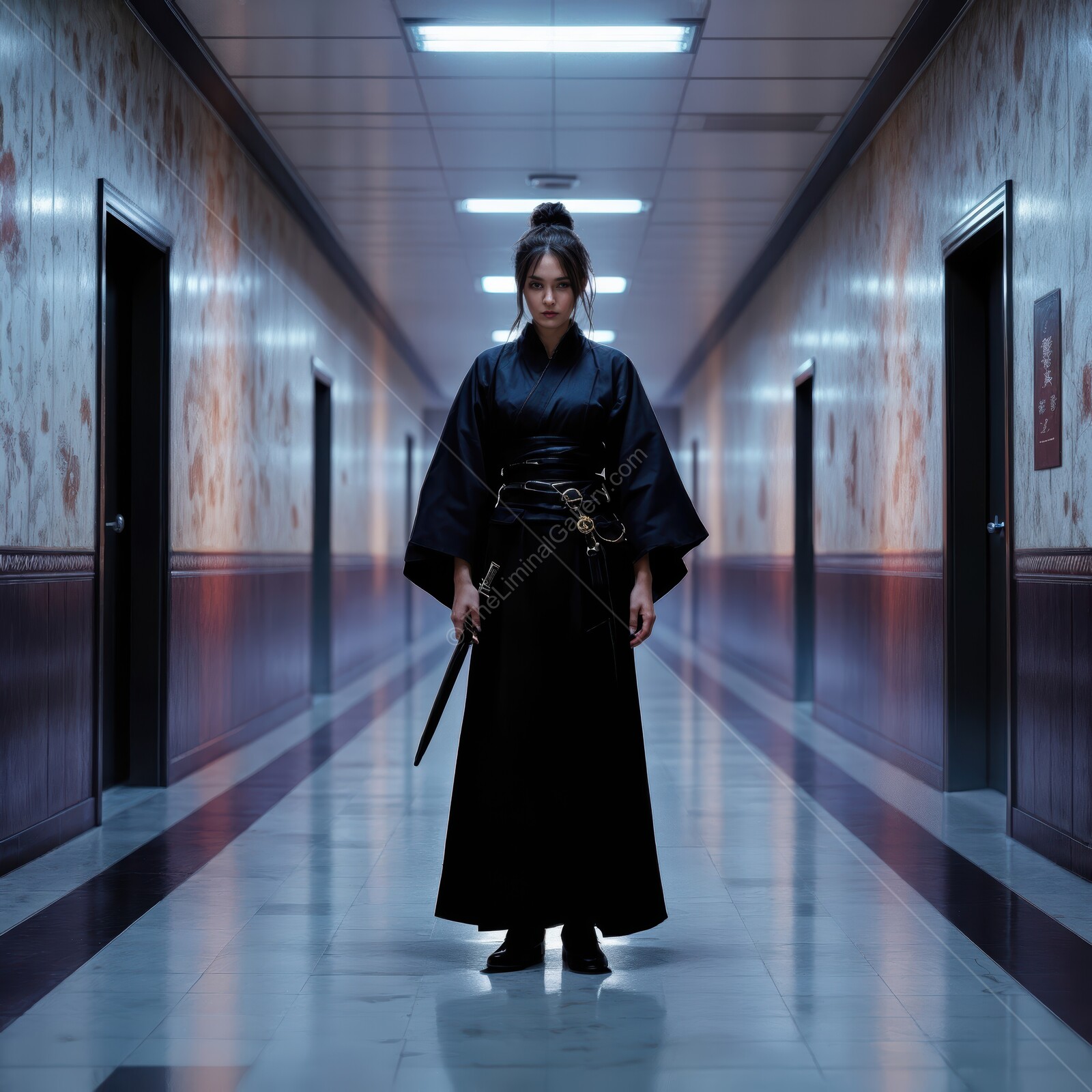 Japanese assassin poised for battle in a mysterious corridor under flickering lights