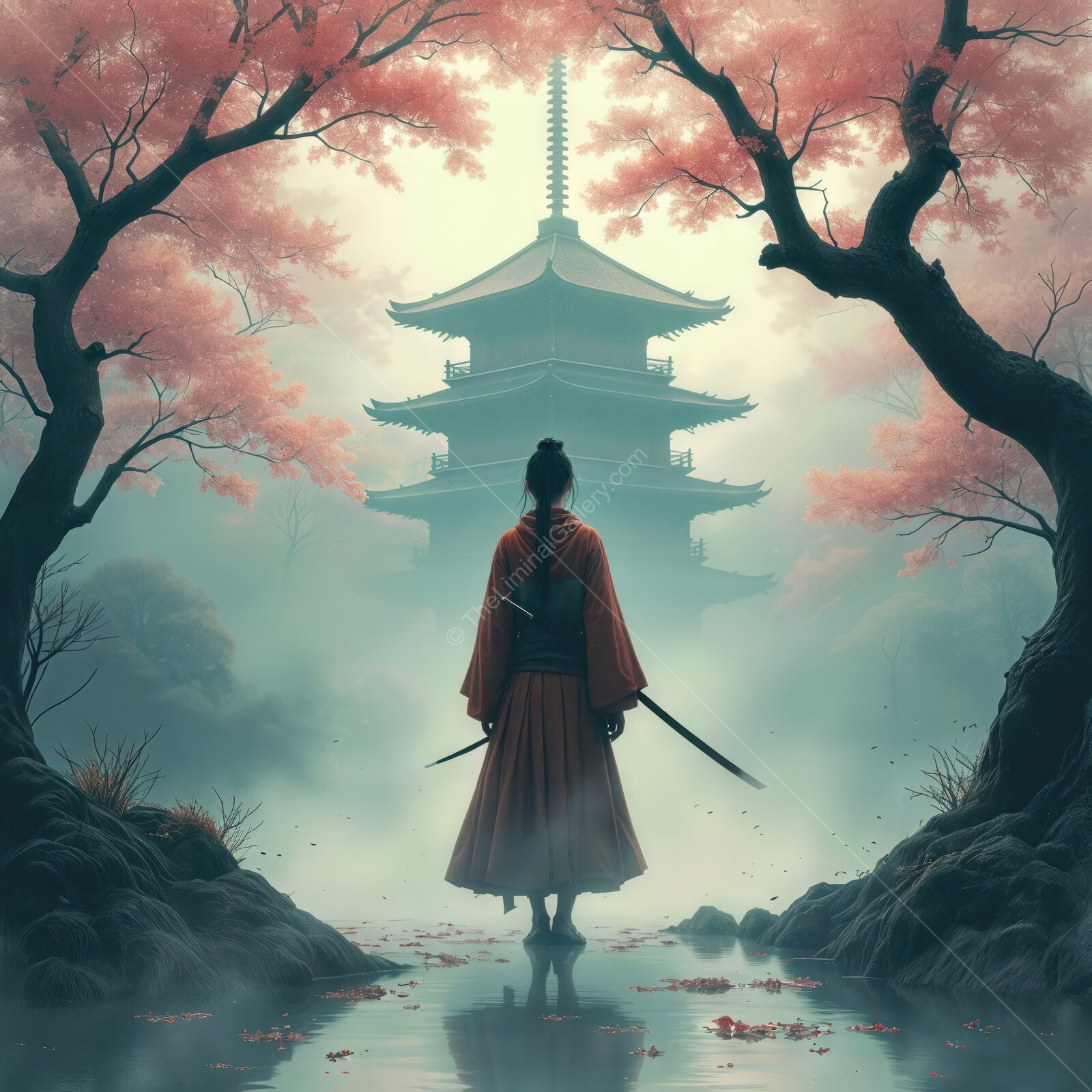 Majestic samurai stands before ancient temple surrounded by cherry blossoms in tranquil misty morning