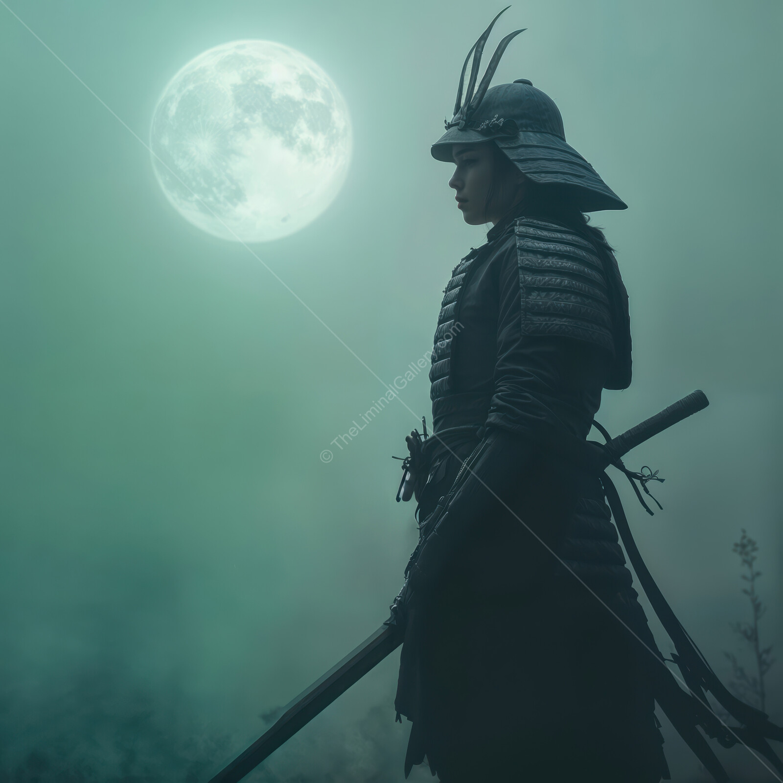 Majestic samurai warrior in the mist under a full moon, embodying ancient traditions and strength