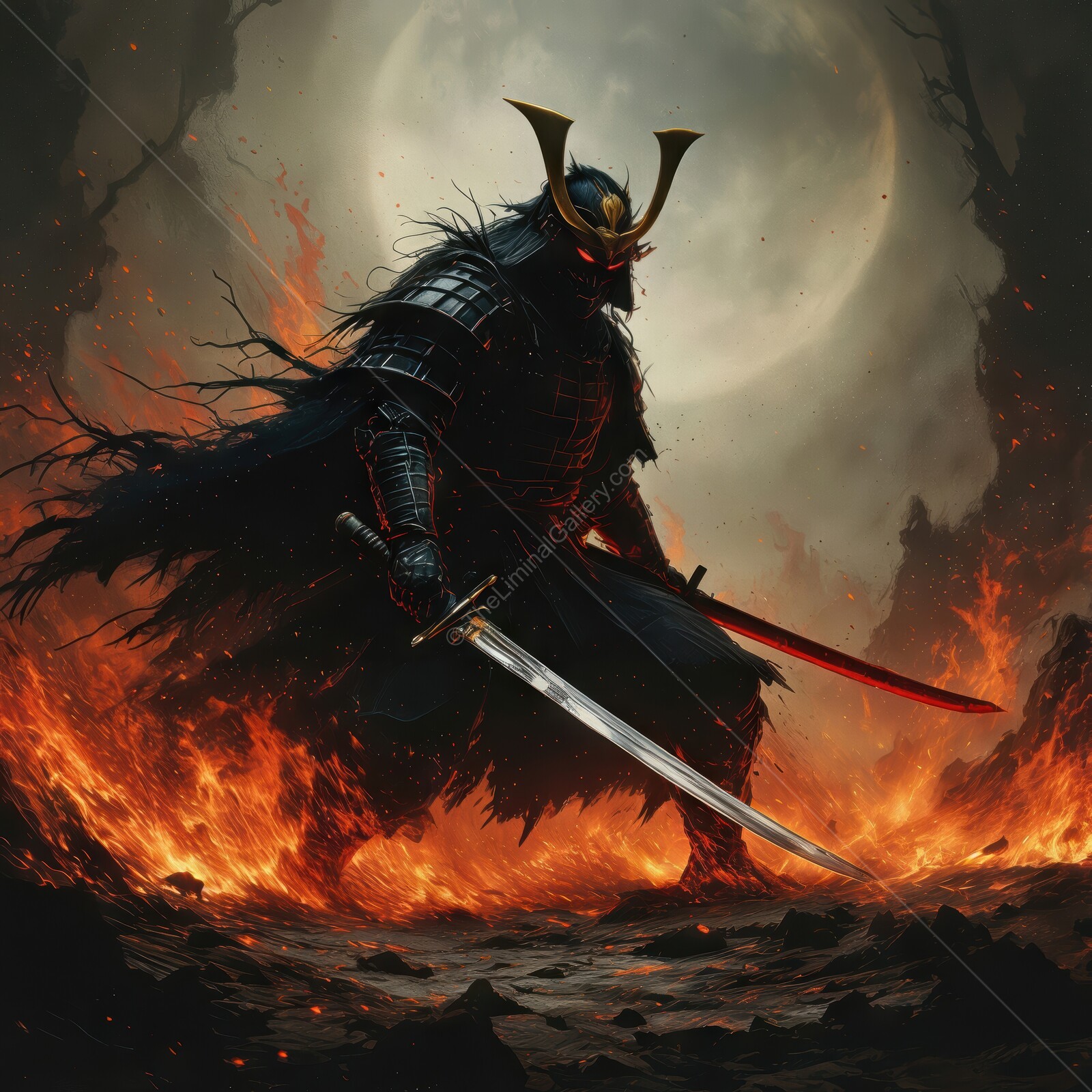 Mighty shogun warrior stands resolute in a fiery landscape under a glowing moon