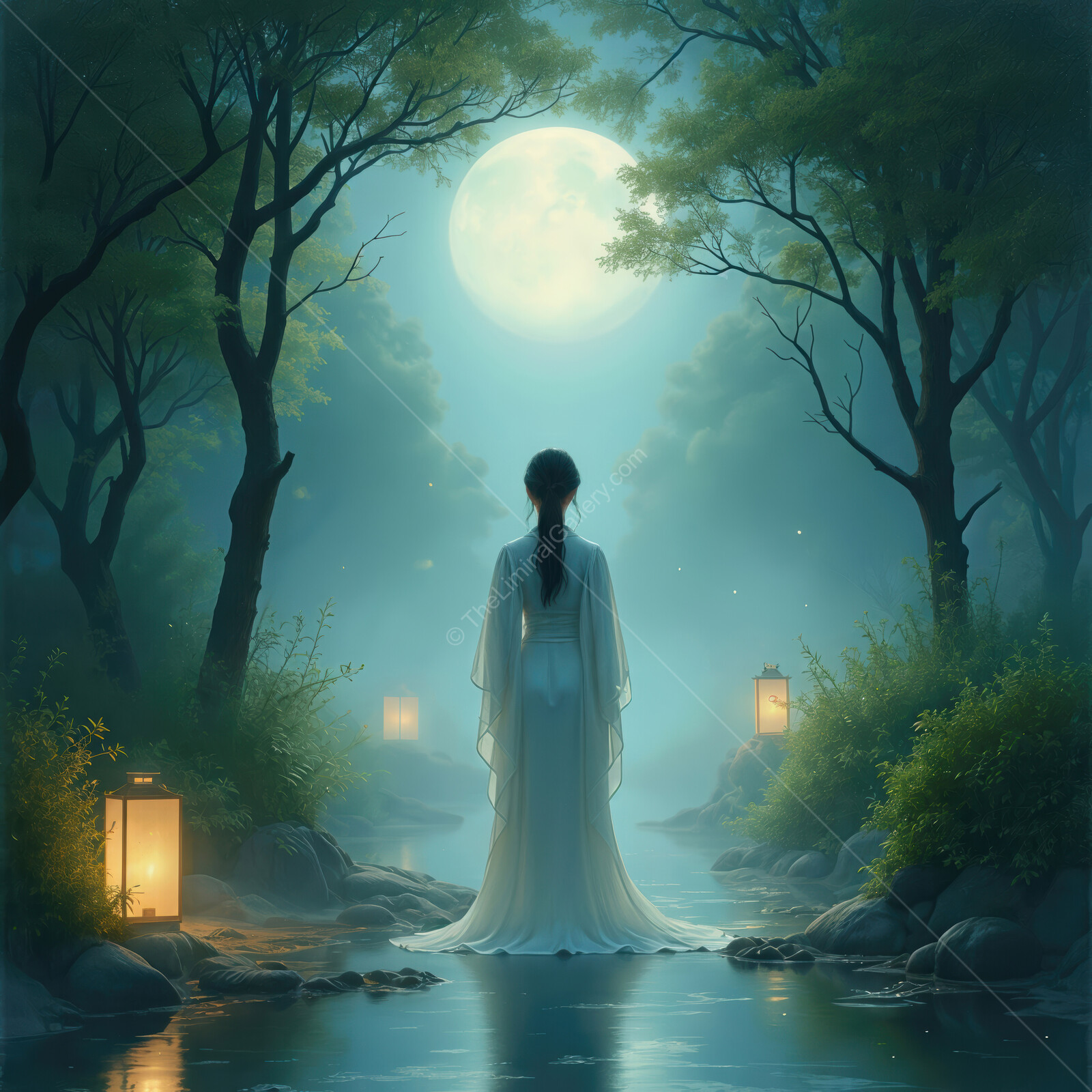Moonlit serenity envelops a figure by a tranquil stream in a misty forest setting