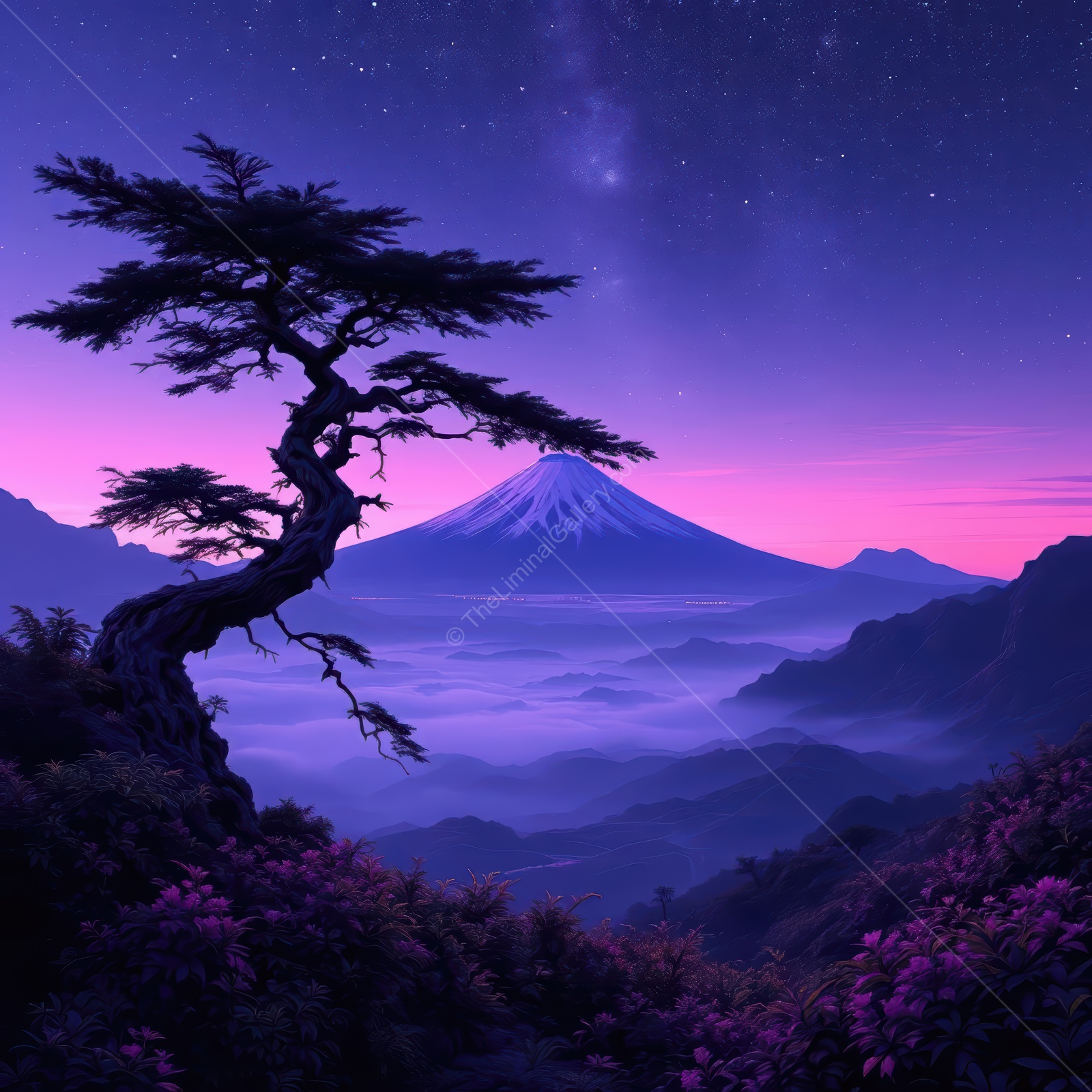 Majestic Mount Fuji at dusk with a vibrant sky and serene Asian landscape