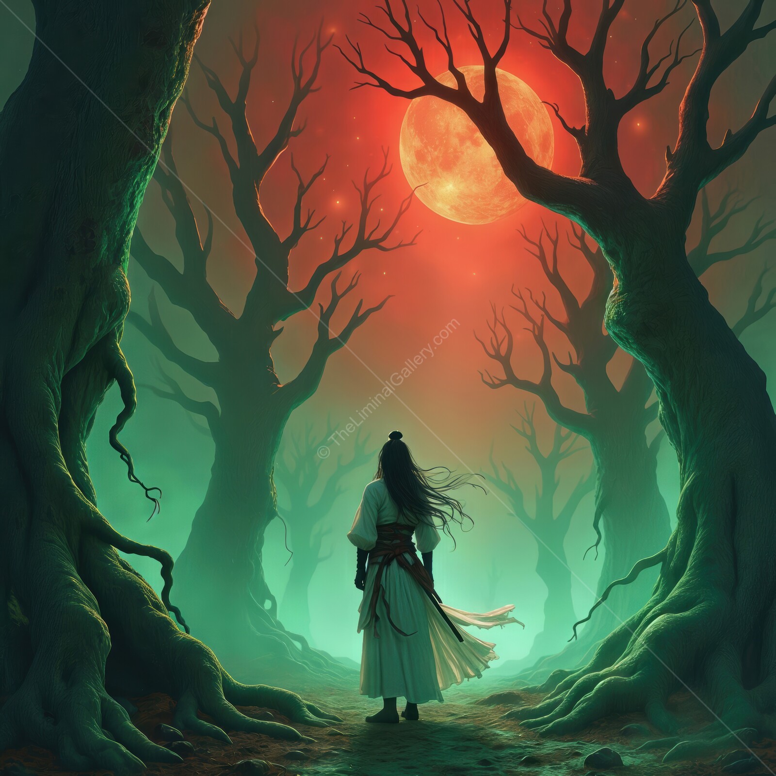 Mysterious journey through an enchanted forest under a glowing red moon at twilight