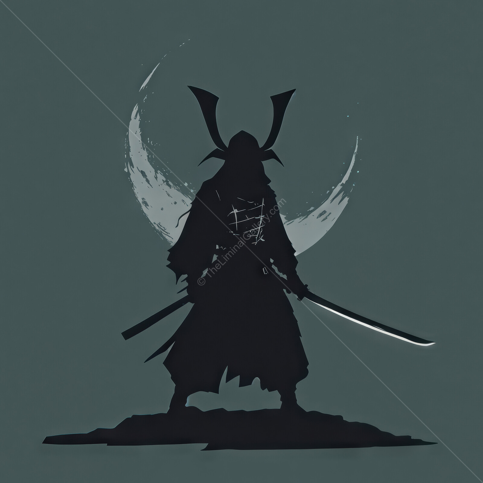 Mysterious samurai stands boldly under a crescent moon on a tranquil night