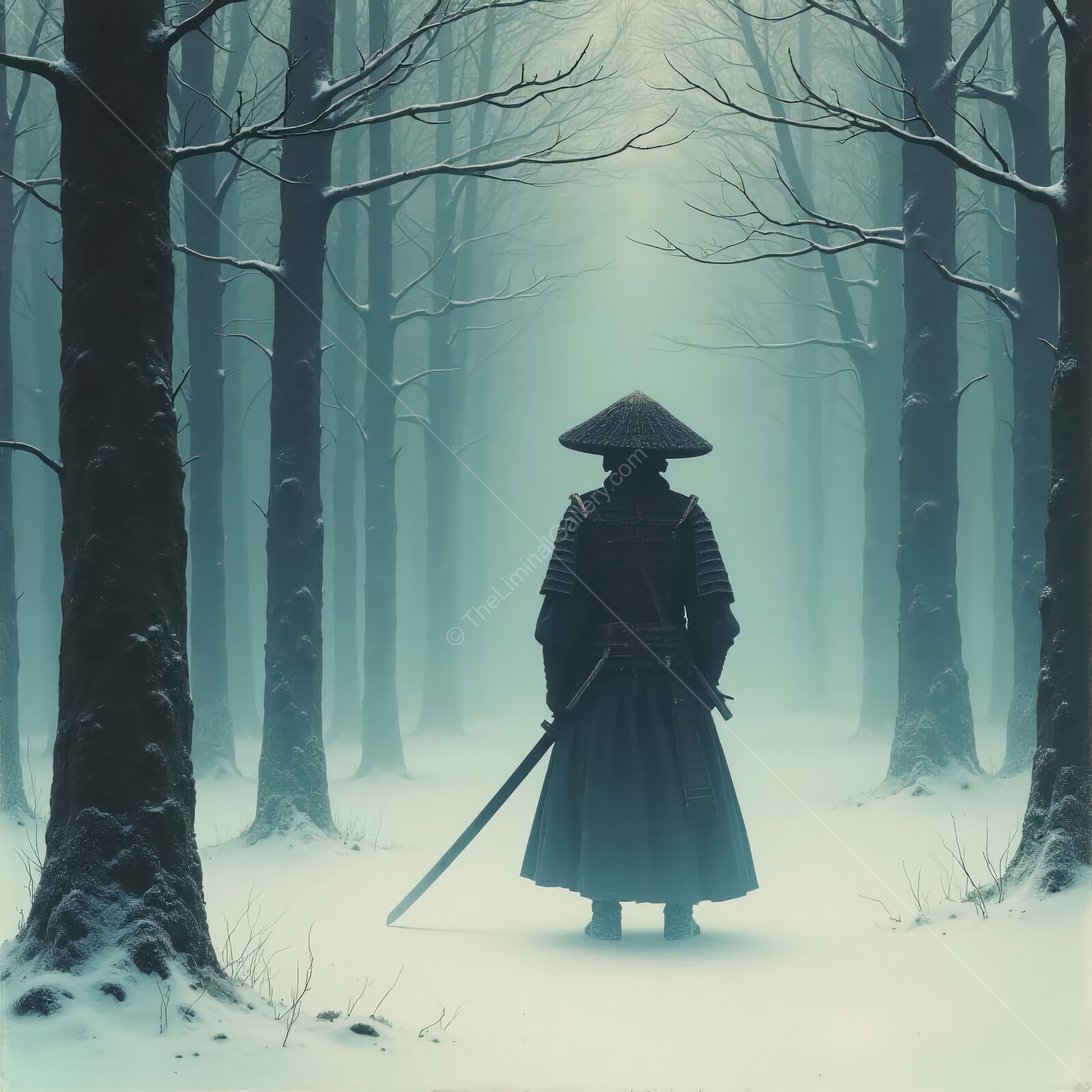 Mysterious samurai warrior stands in a snowy forest shrouded in mist during twilight