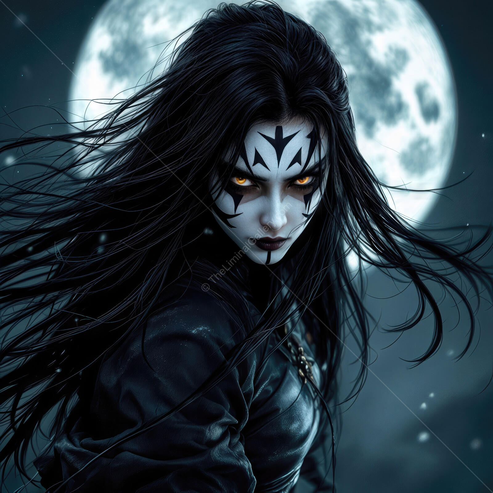 A mystical assassin with tribal face paint stands under a glowing full moon in a dark, enchanted forest