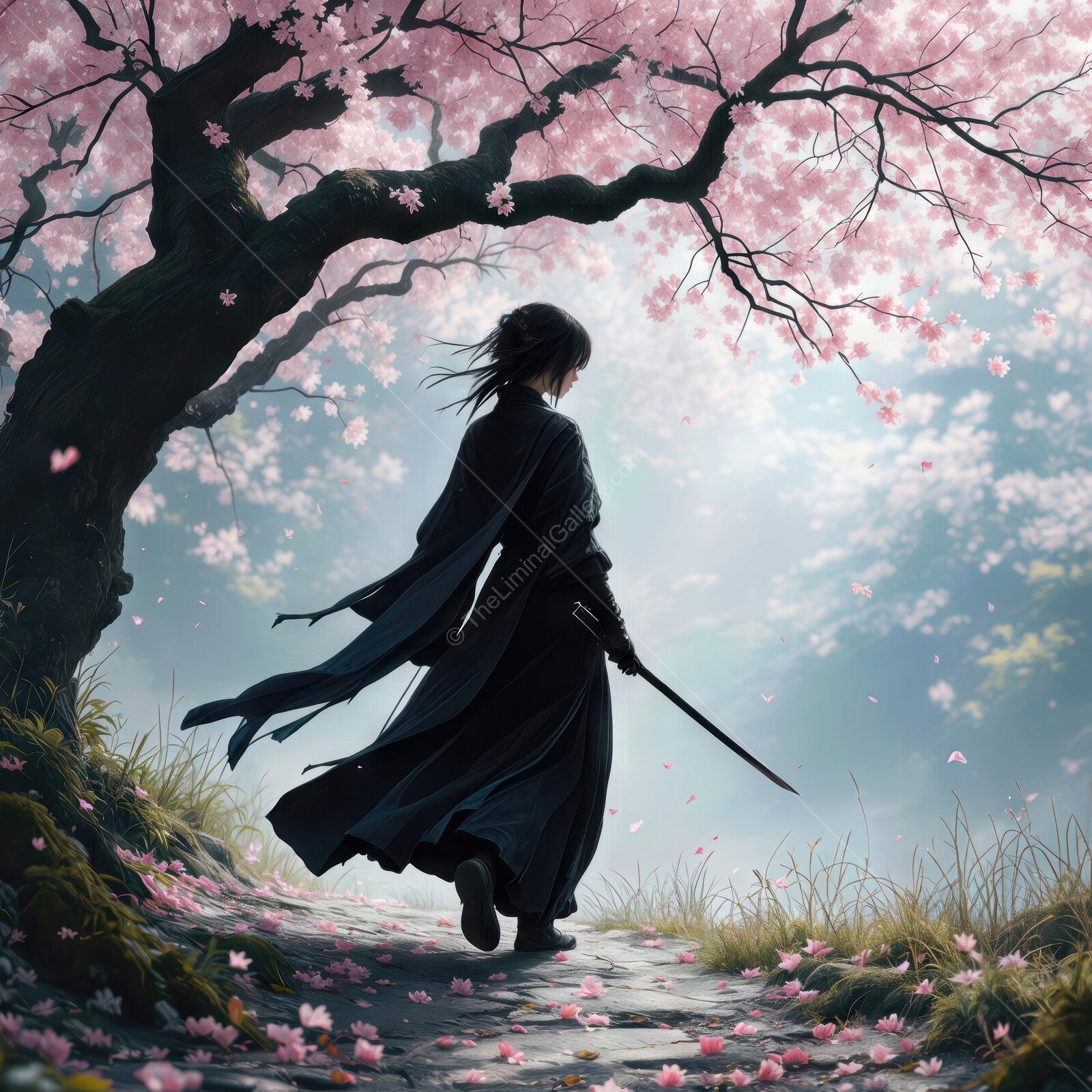 Mystical warrior under blooming cherry blossoms at dawn in a serene landscape