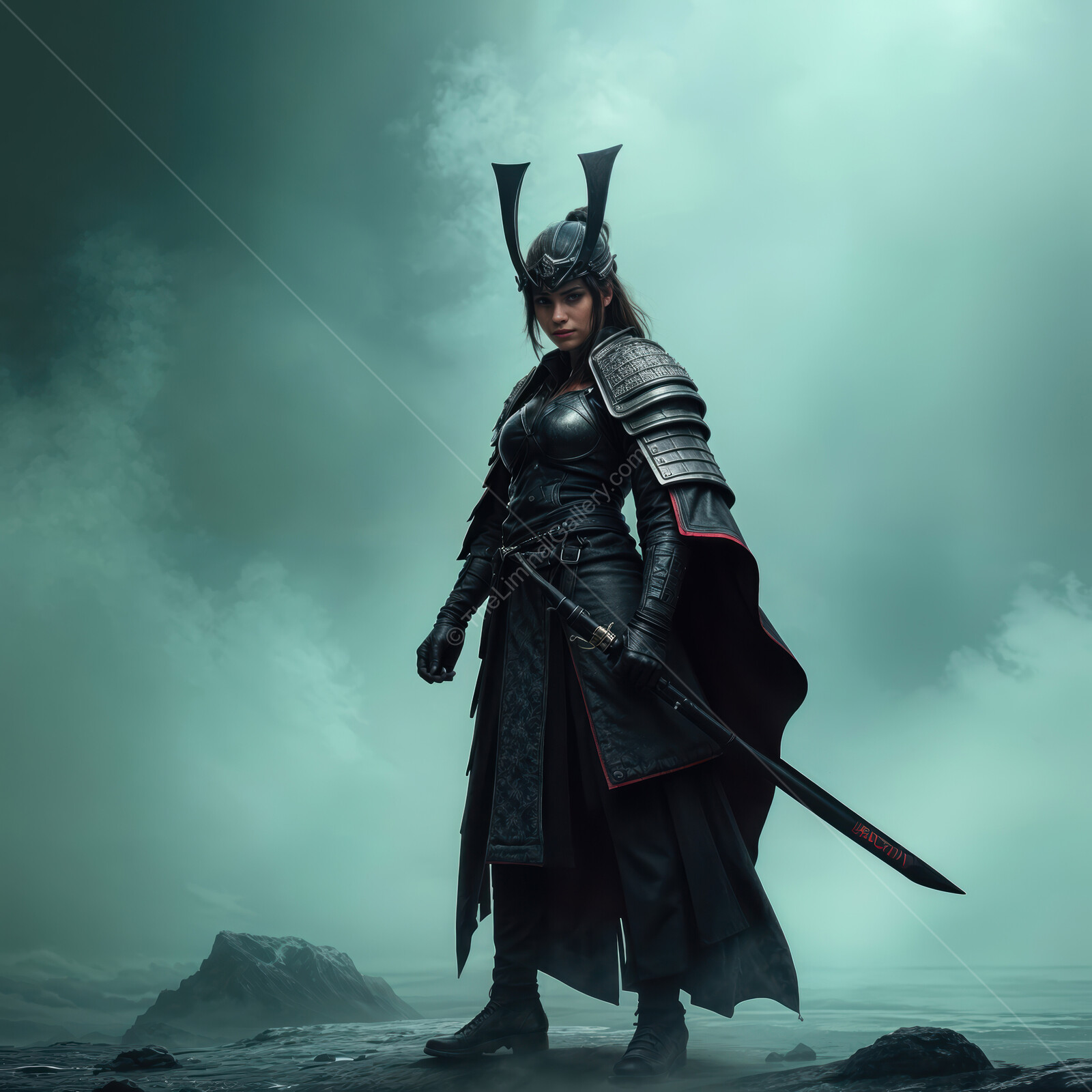 Samurai warrior dressed in dark armor stands defiantly with a sword amidst a mystical foggy landscape