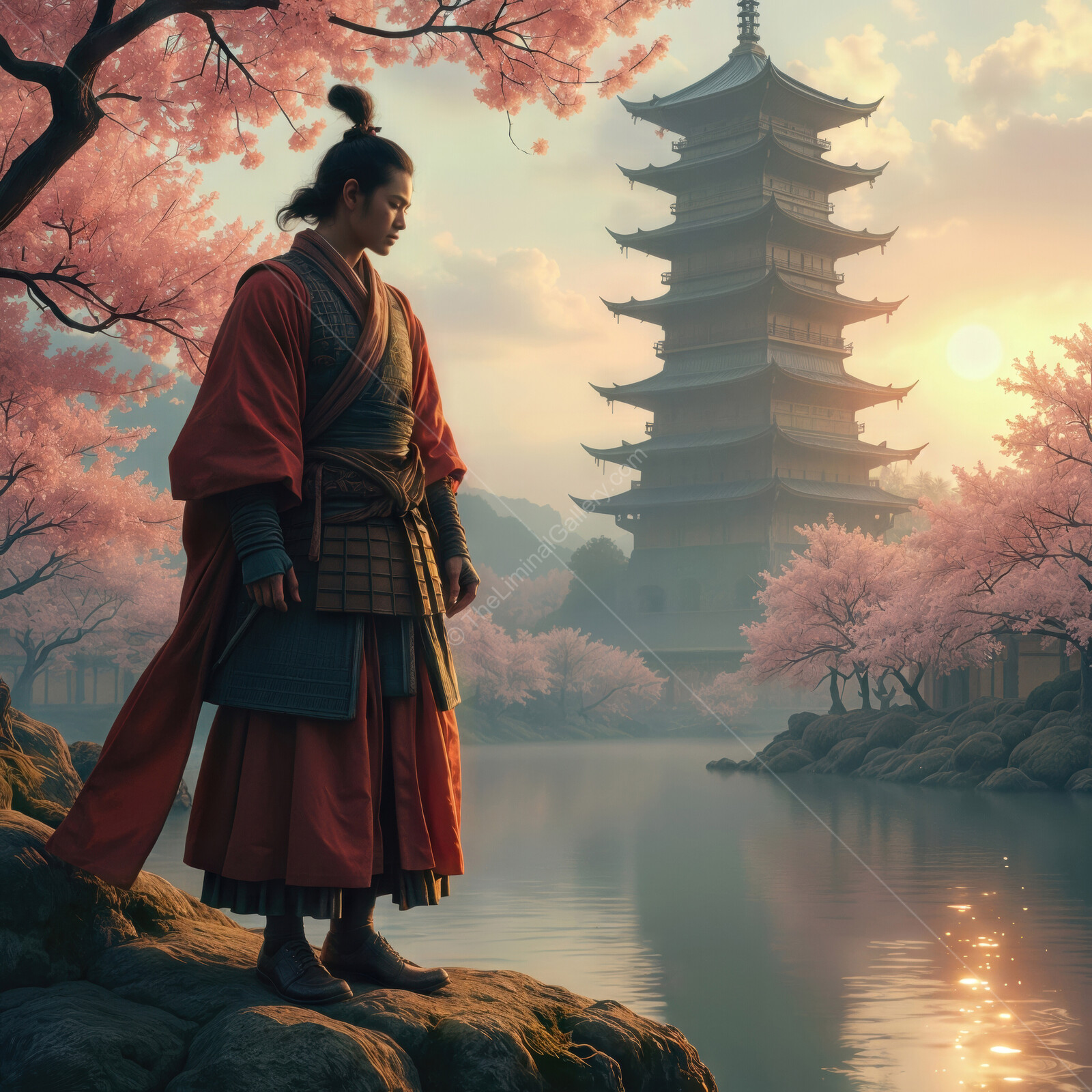 Samurai warrior in traditional attire gazes at serene pagoda amidst cherry blossoms at dawn