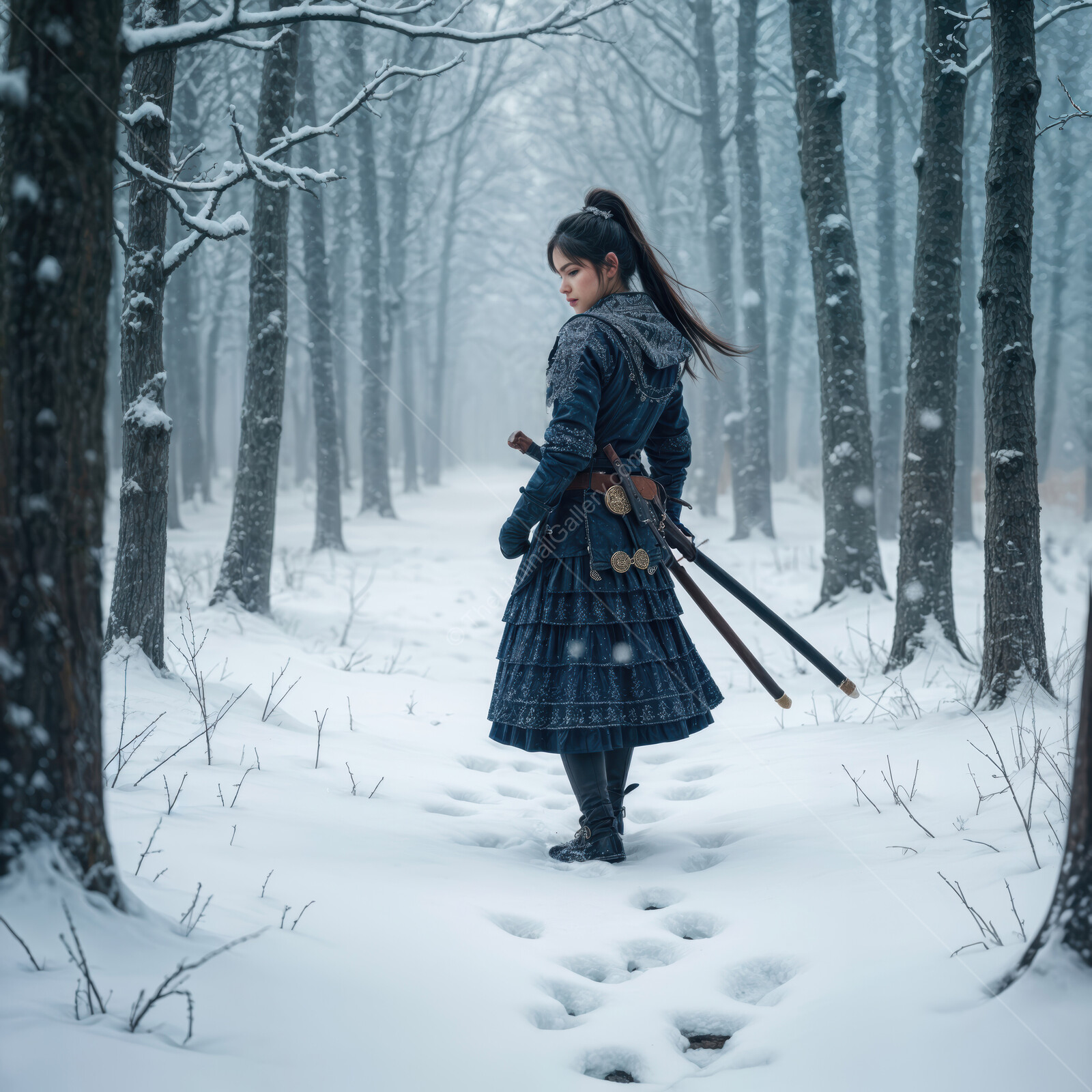 Samurai warrior stands in a snow-covered forest while snowflakes gently fall around her