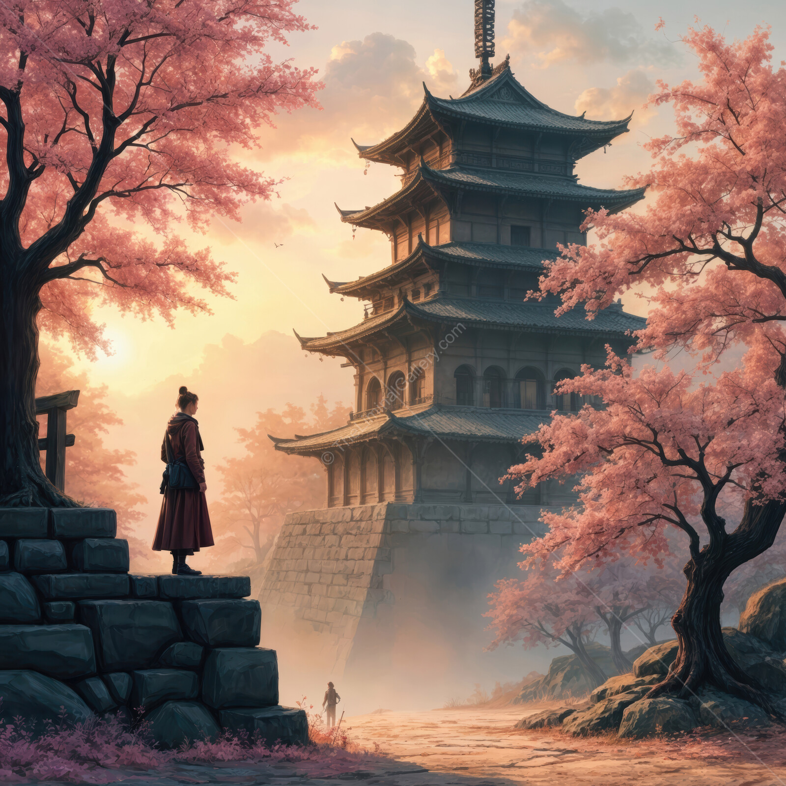 Serene moment at dawn with cherry blossoms and ancient pagoda in a tranquil landscape