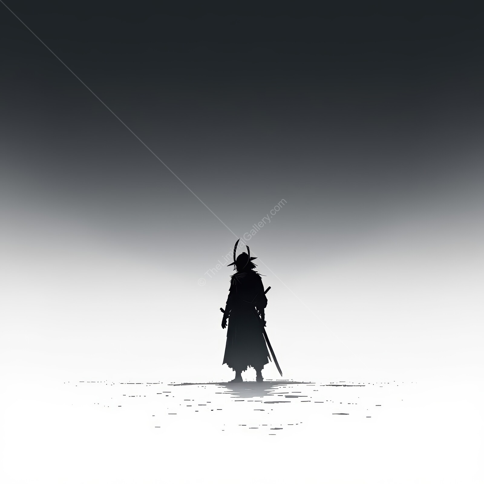 A shogun stands majestically in an ethereal landscape, illuminated by the soft glow of dawn