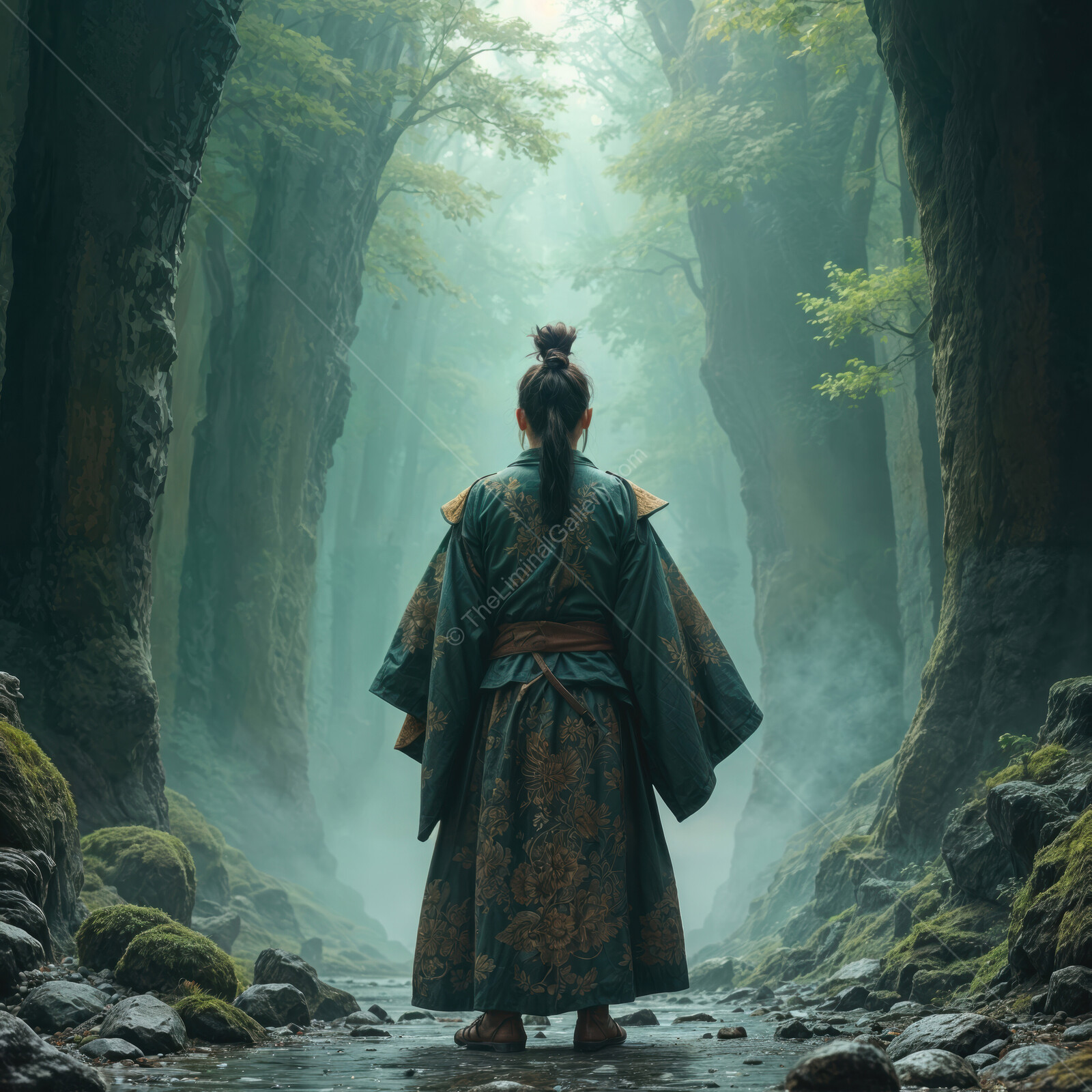 In a mystical forest, a shogun in traditional attire contemplates the beauty of nature amidst enchanting fog