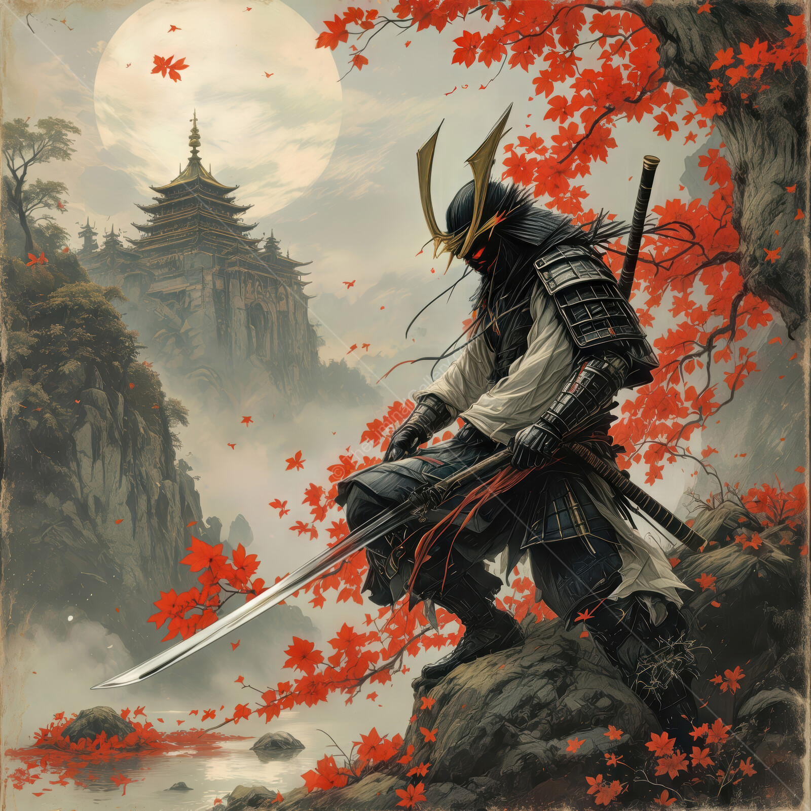 Shogun warrior standing tall amid autumn leaves in a serene landscape at dusk