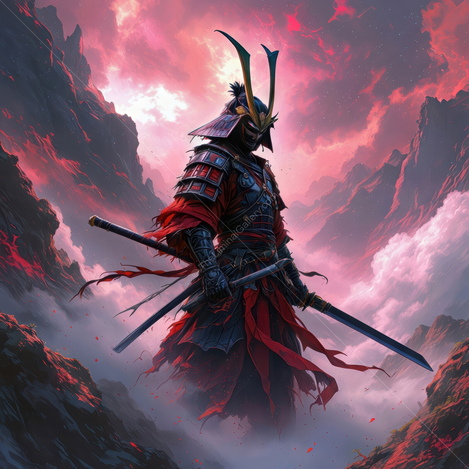 Shogun warrior stands boldly against a fiery sky amidst jagged peaks in a fierce display of strength