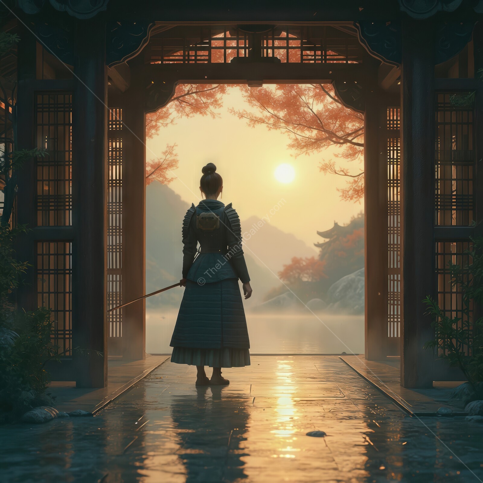 Silhouetted Asian warrior stands at the serene entrance overlooking tranquil waters during sunset in a peaceful landscape