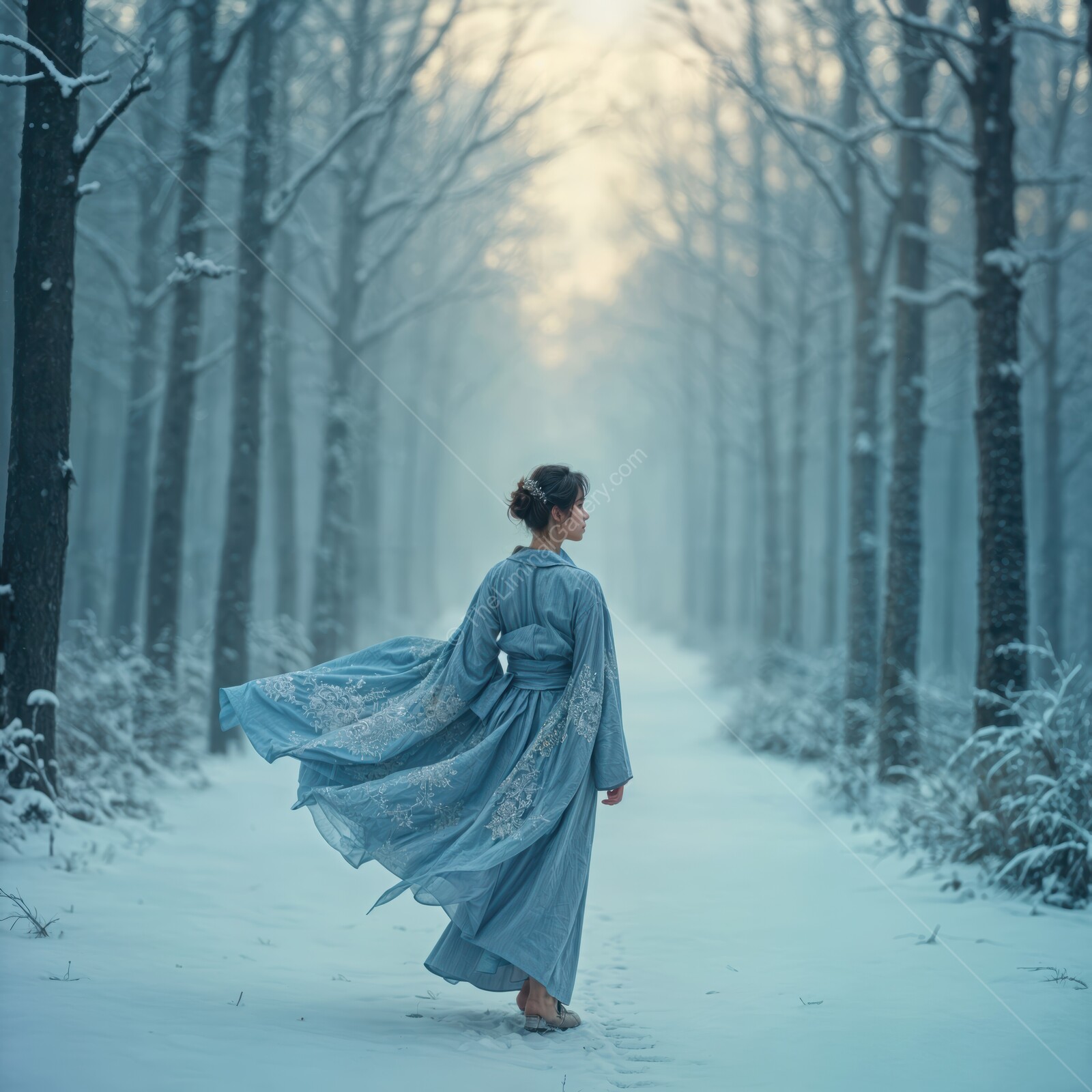 Snowy winter stroll through a misty forest with a flowing blue gown in serene solitude