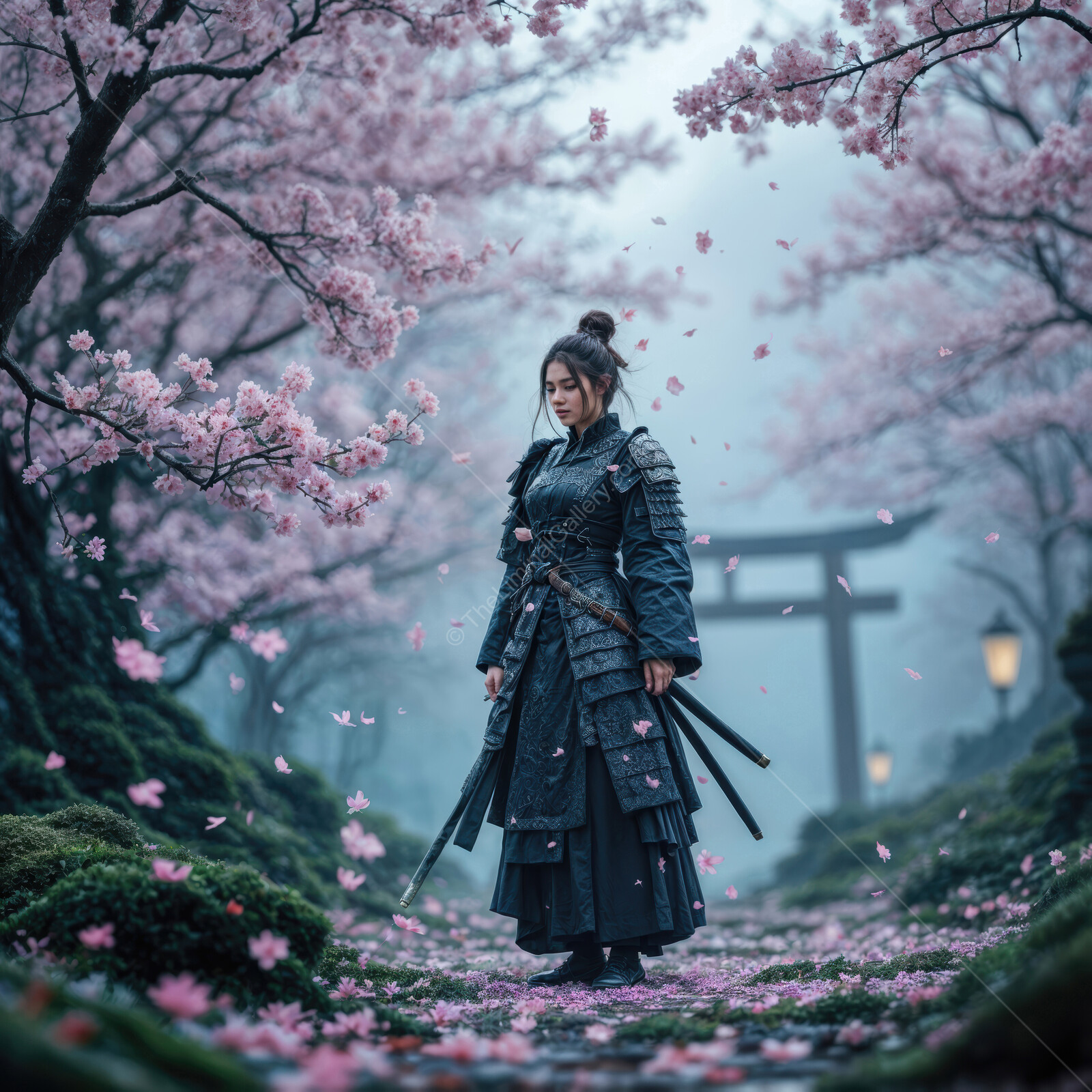 Warrior amidst cherry blossoms in a misty forest during springtime