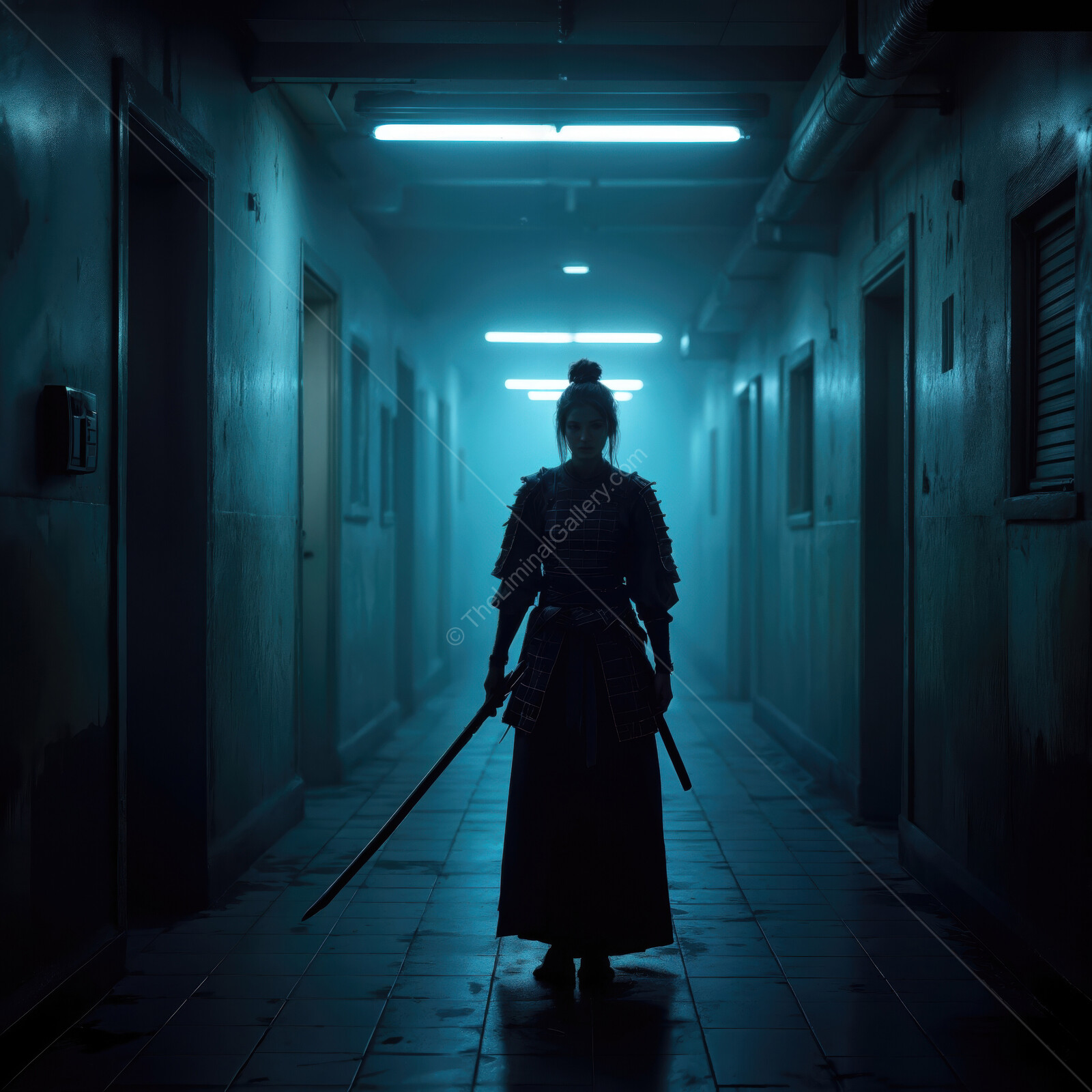 Warrior stands in a dimly lit corridor, poised for action amidst glowing blue lights