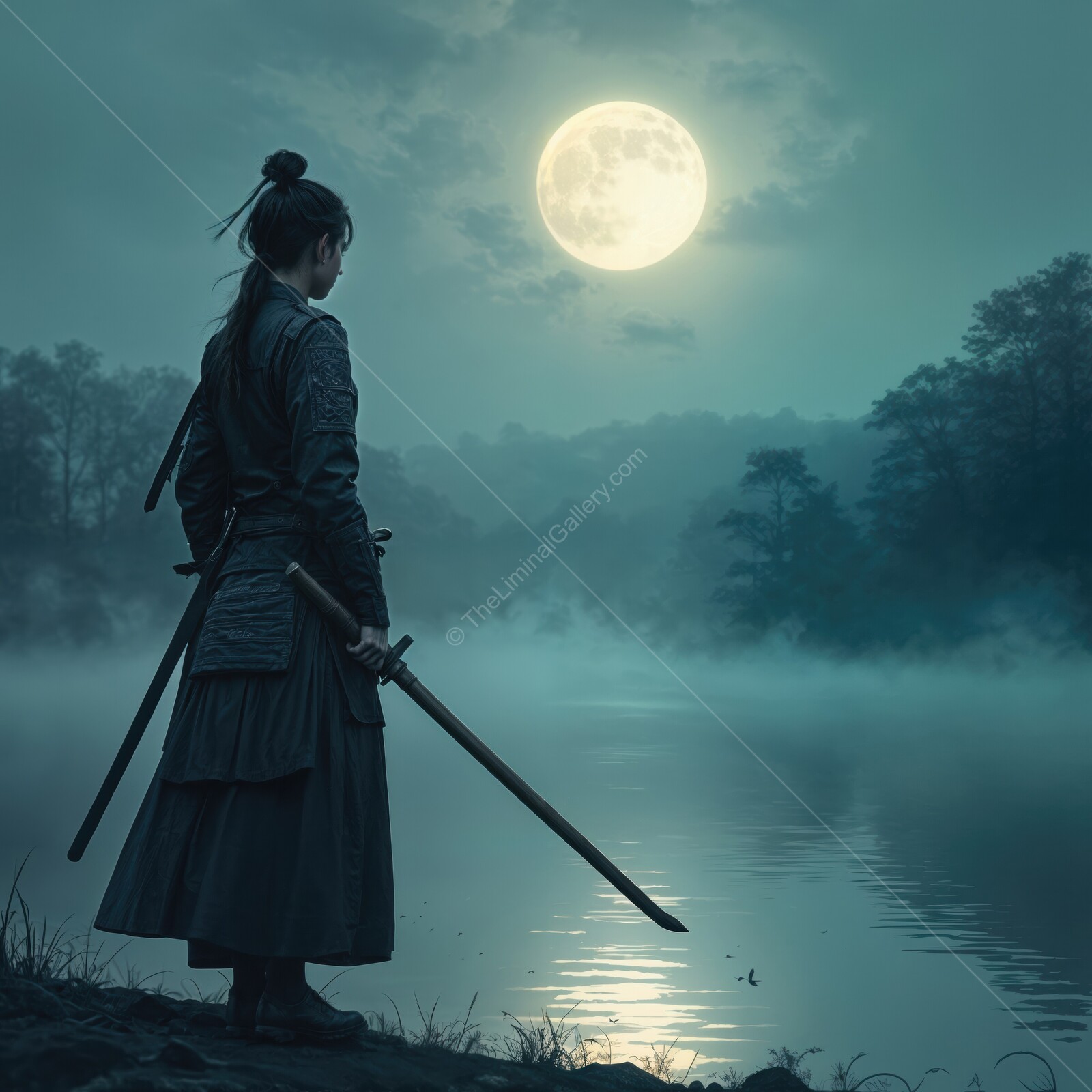 Warrior gazes at the mystical moonlight reflecting on serene waters at night