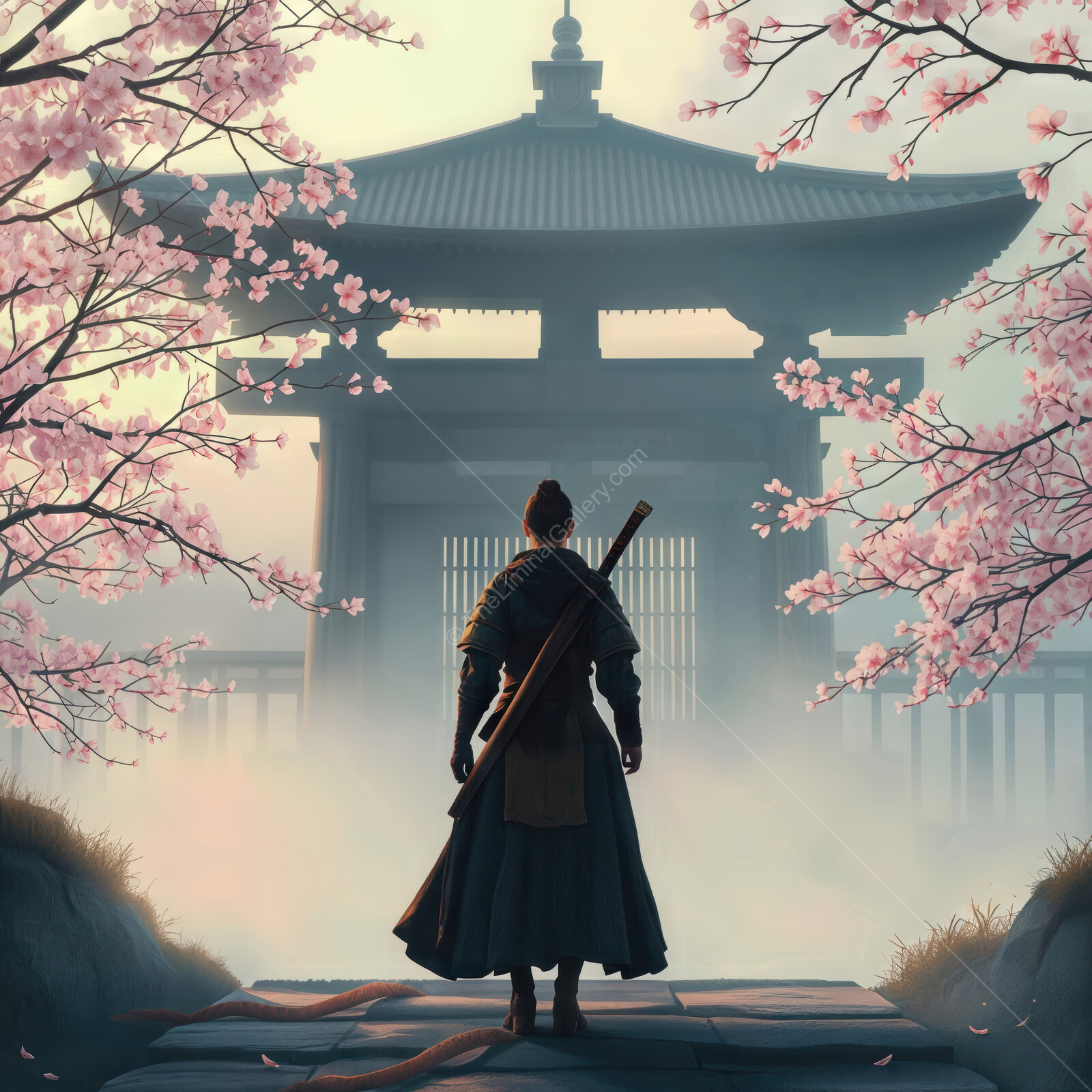 Warrior standing at a serene temple gate surrounded by cherry blossoms in the early morning mist
