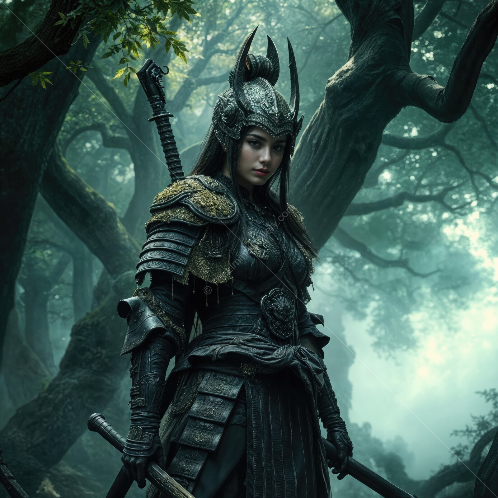 Warrior woman stands tall in an enchanted forest, ready for battle during twilight