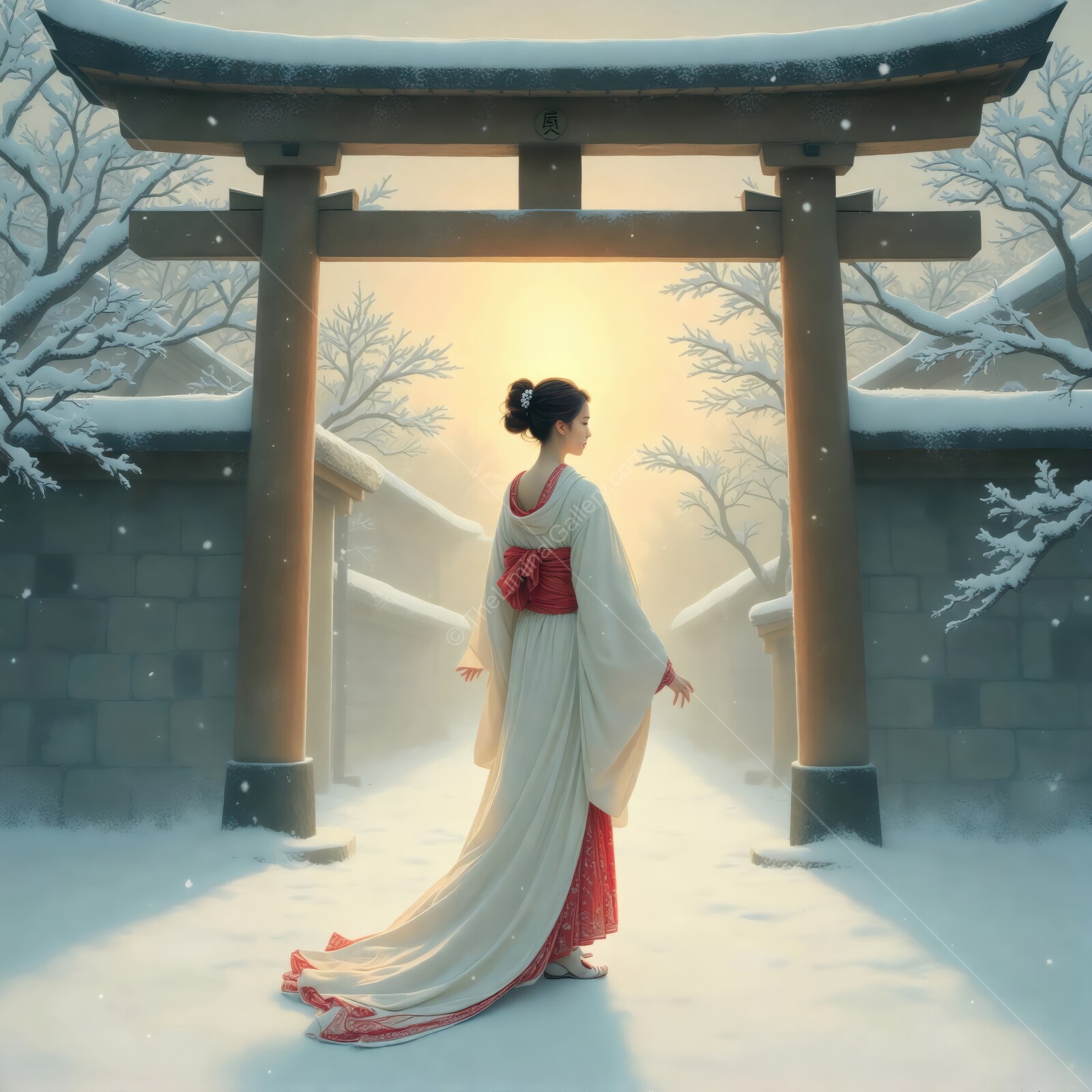 Winter wonderland embrace as a woman in traditional attire walks through a snowy torii gate at dusk