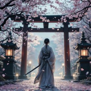Elegant warrior walks through cherry blossom path at serene shrine during twilight