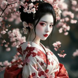 Geisha Beauty in bloom with cherry blossoms and traditional attire capturing spring's essence