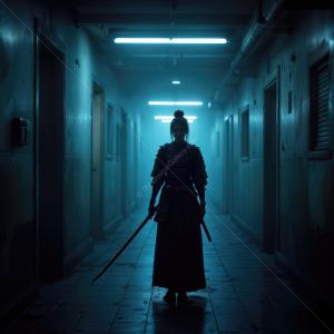Warrior stands in a dimly lit corridor, poised for action amidst glowing blue lights
