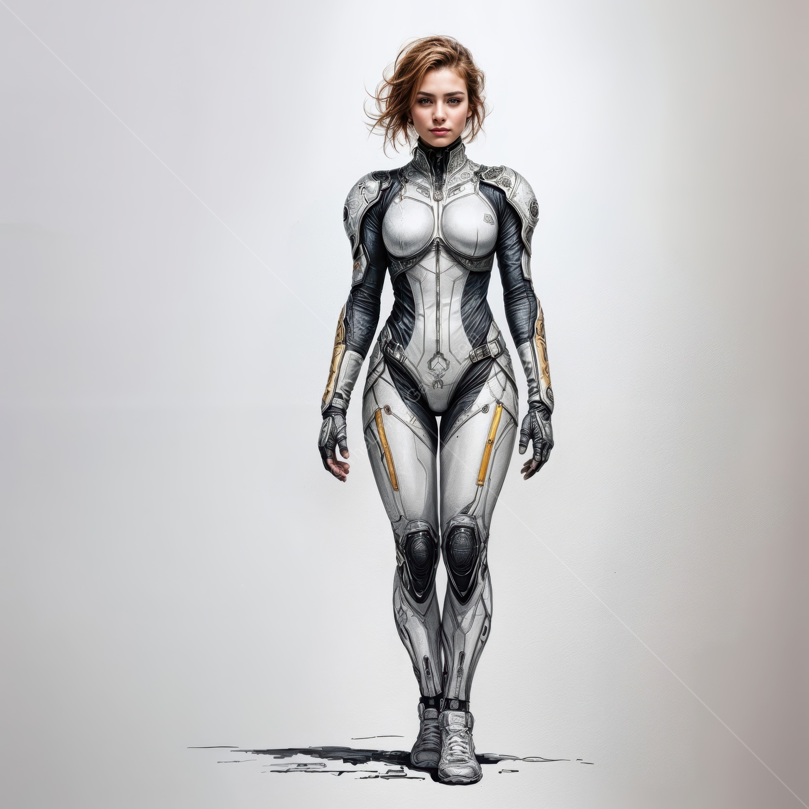 Futuristic warrior in advanced armor strides confidently through a sci-fi landscape