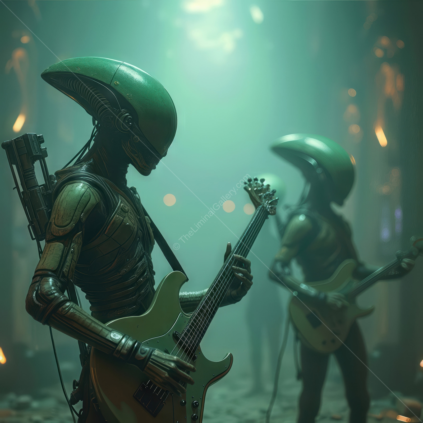 Alien musicians perform in a mysterious sci-fi venue filled with glowing lights and shadowy figures