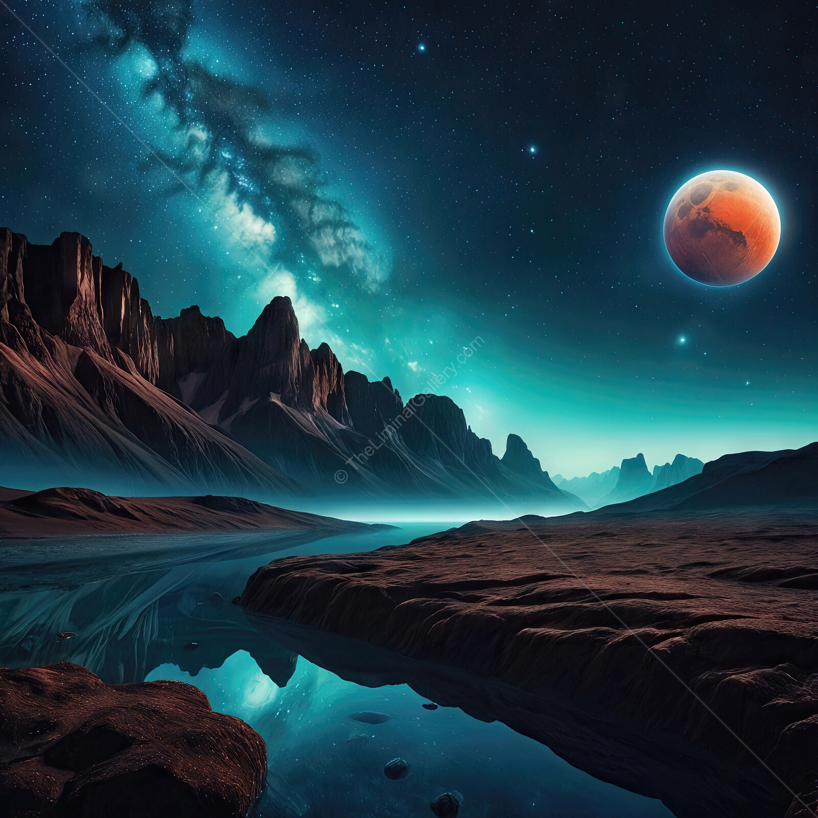 Celestial sci-fi reflections over an alien landscape under a starry sky