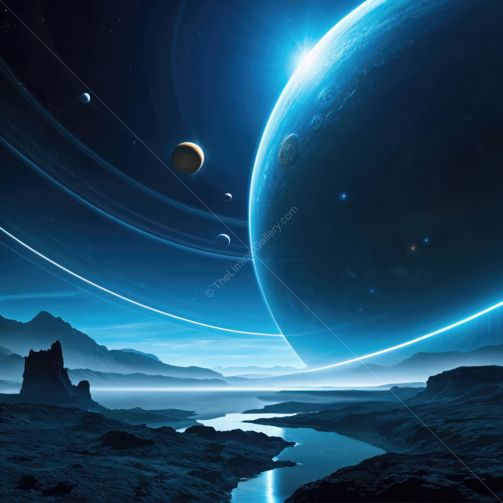 Celestial sci-fi wonders shine over an alien landscape under a cosmic sky at twilight