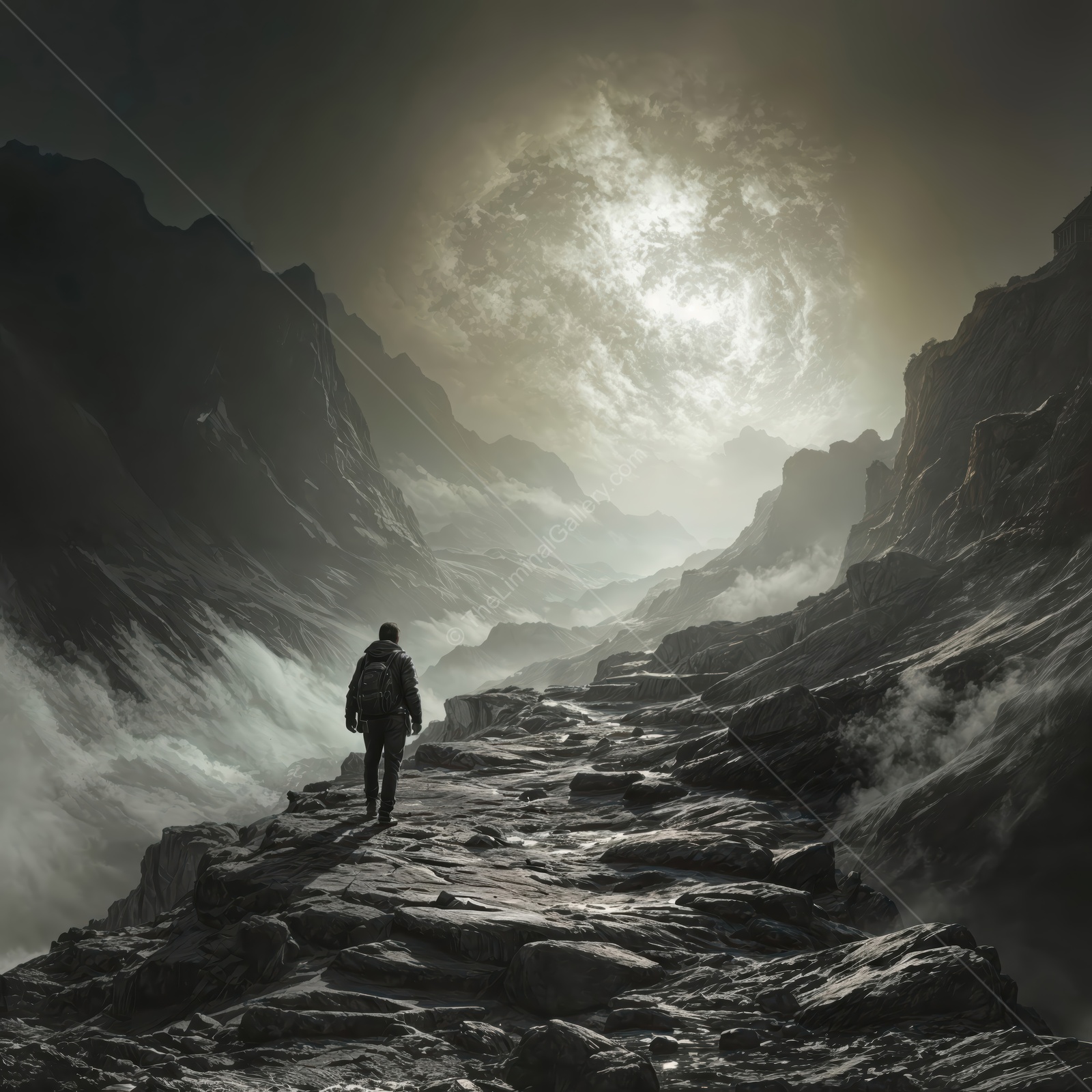 Mysterious journey through an alien landscape with swirling mists and a glowing celestial body in the sky