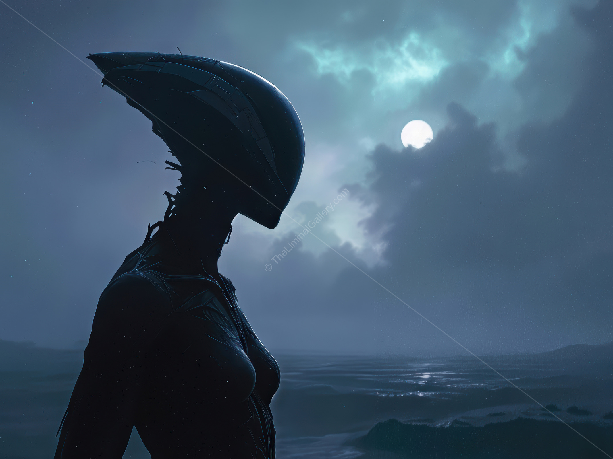 Mysterious alien figure gazes towards an eerie ocean under a glowing moonlit sky