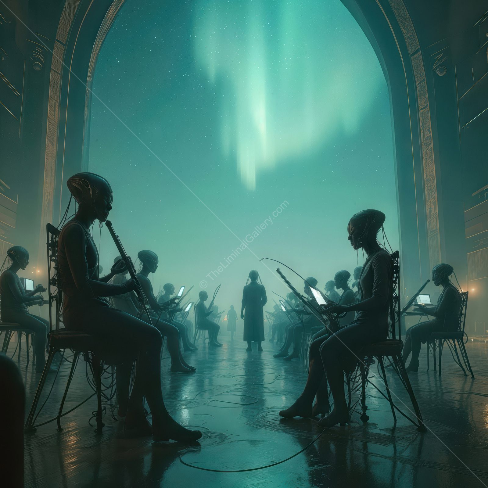 Extraterrestrial musicians gather in a luminous chamber under the northern lights, creating a symphony of sound in a distant world