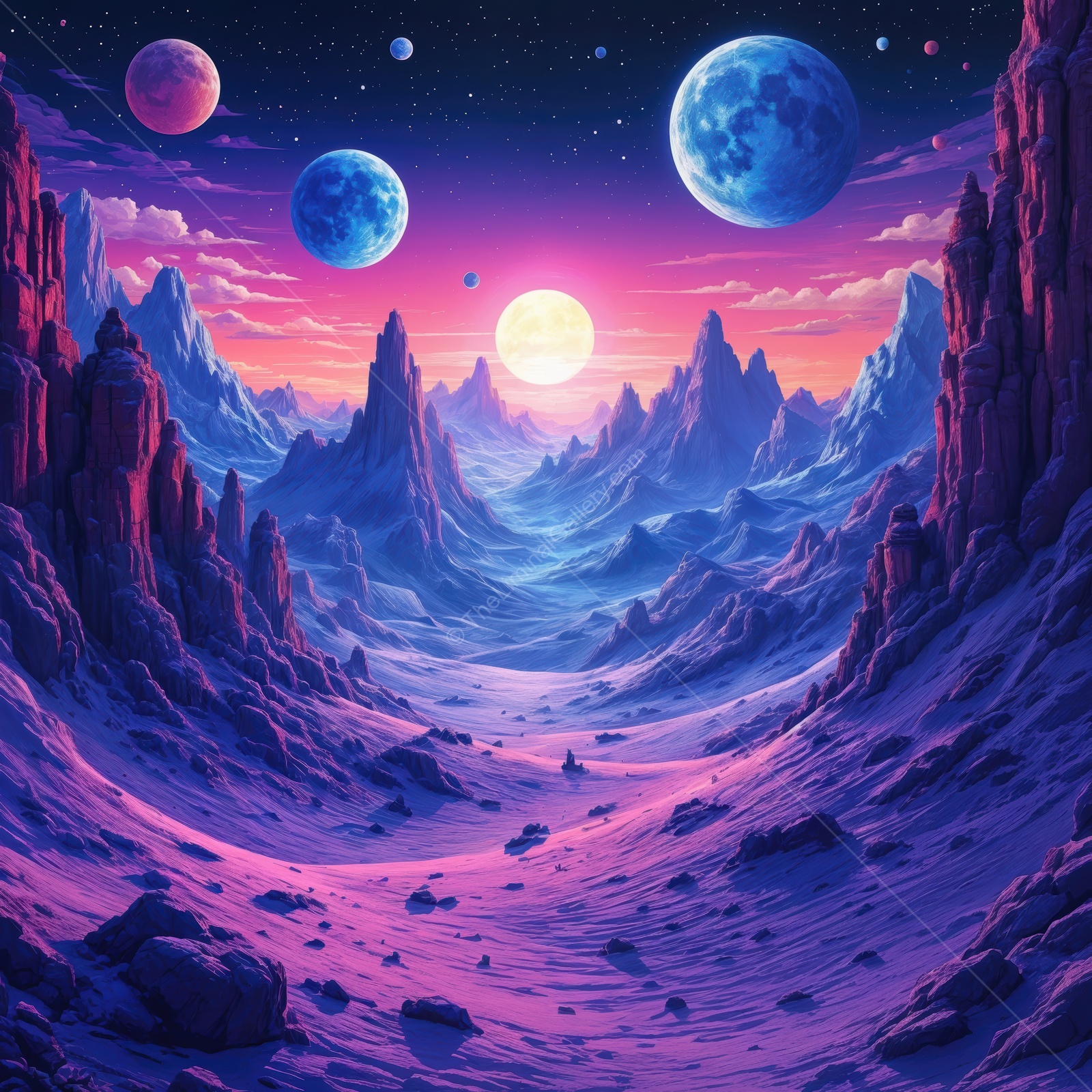 Vibrant alien landscape under a stellar sky filled with luminous planets and majestic mountains