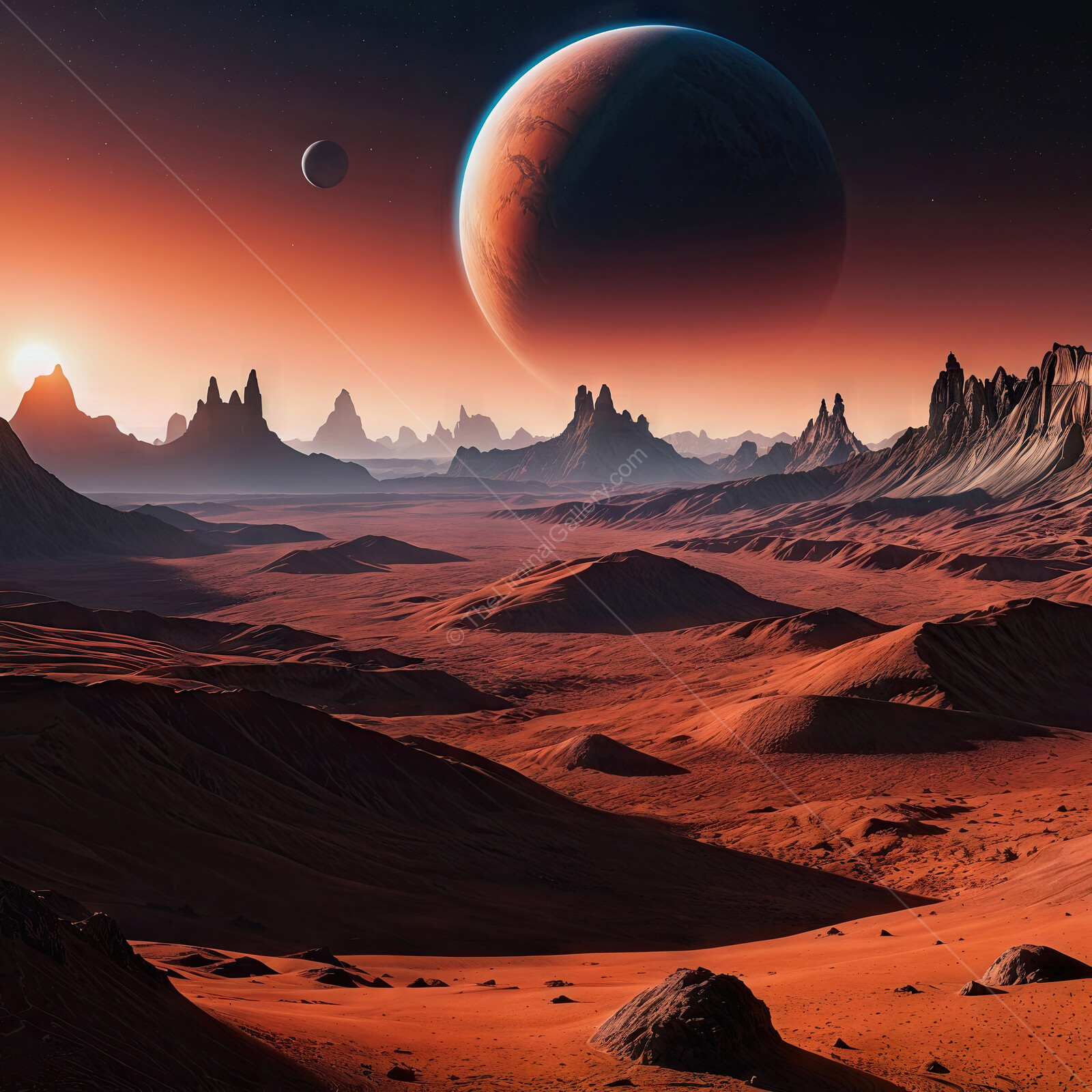 An alien sunset illuminates a breathtaking barren landscape on a distant planet